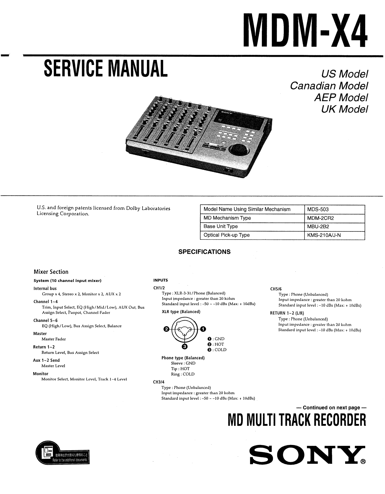 Sony MDM-X4 Service Manual