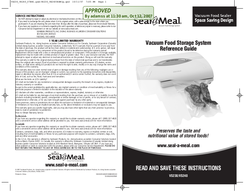 SEAL-A-MEAL VS230 REFERENCE MANUAL Pdf Download