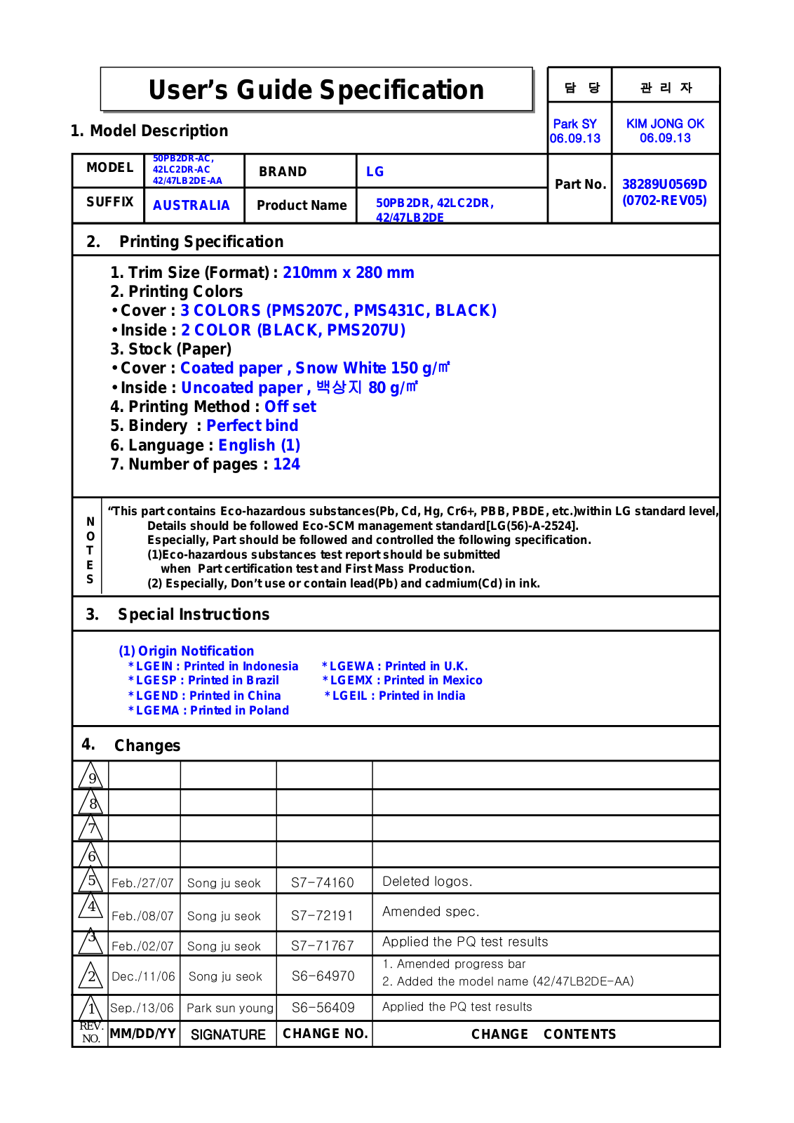 LG 42LB2DE, 50PB2DR Owner’s Manual