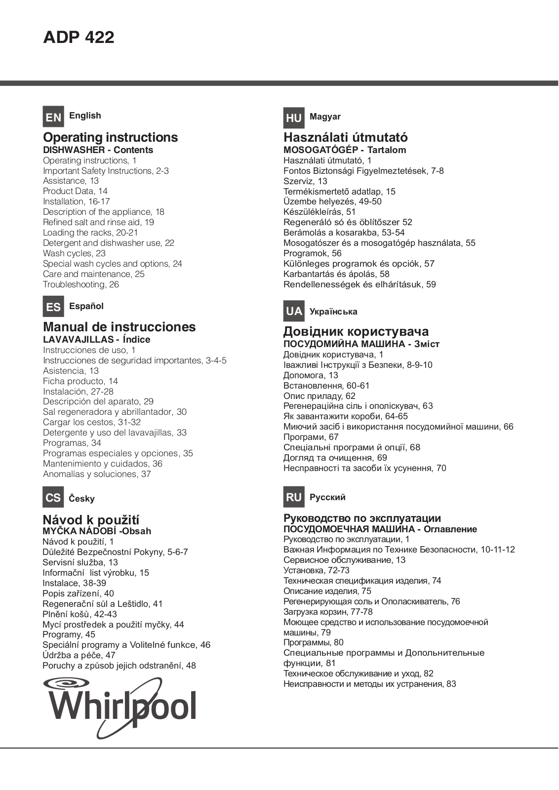 WHIRLPOOL ADP 422 IX User Manual