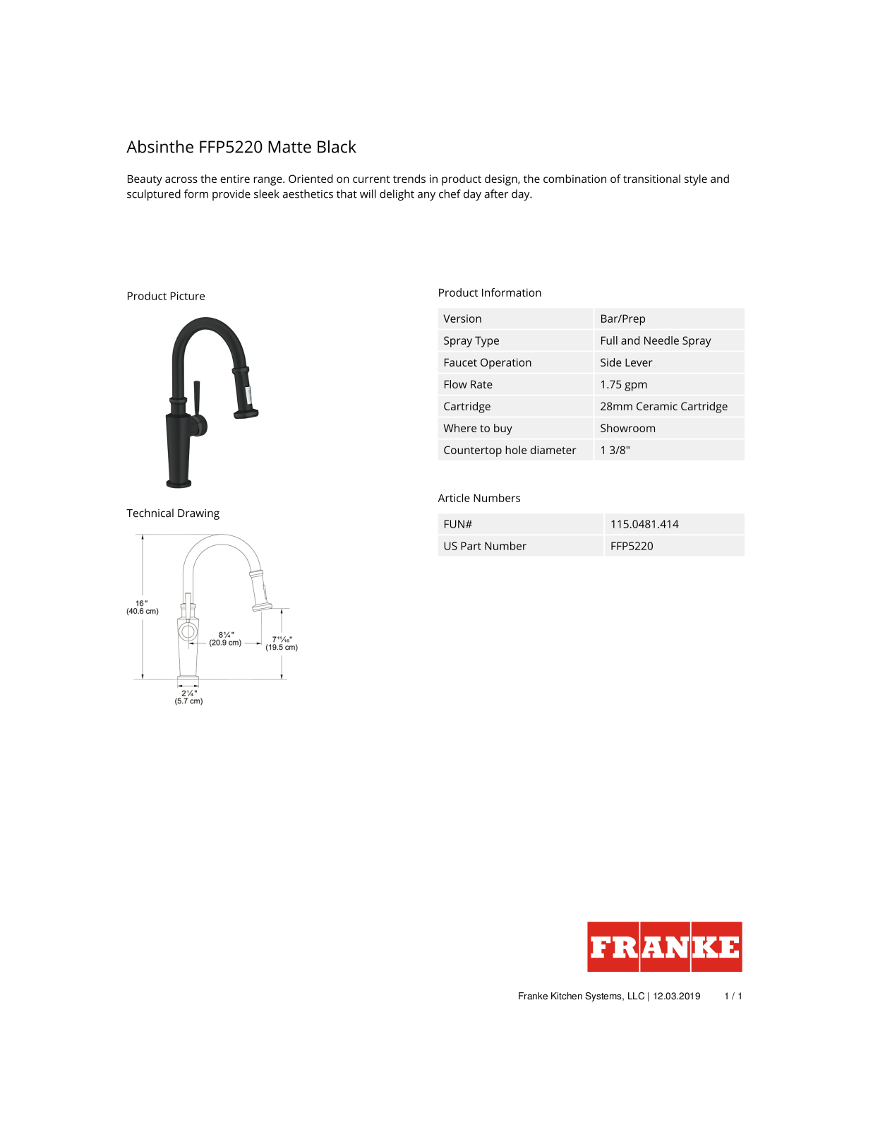 Franke FFP5220 Factsheet