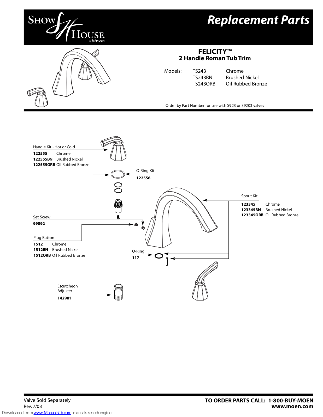 ShowHouse Felicity TS243,Felicity TS243BN,Felicity TS243ORB,Felicity TS243,Felicity TS243BN,Felicity TS243ORB Replacement Parts Manual