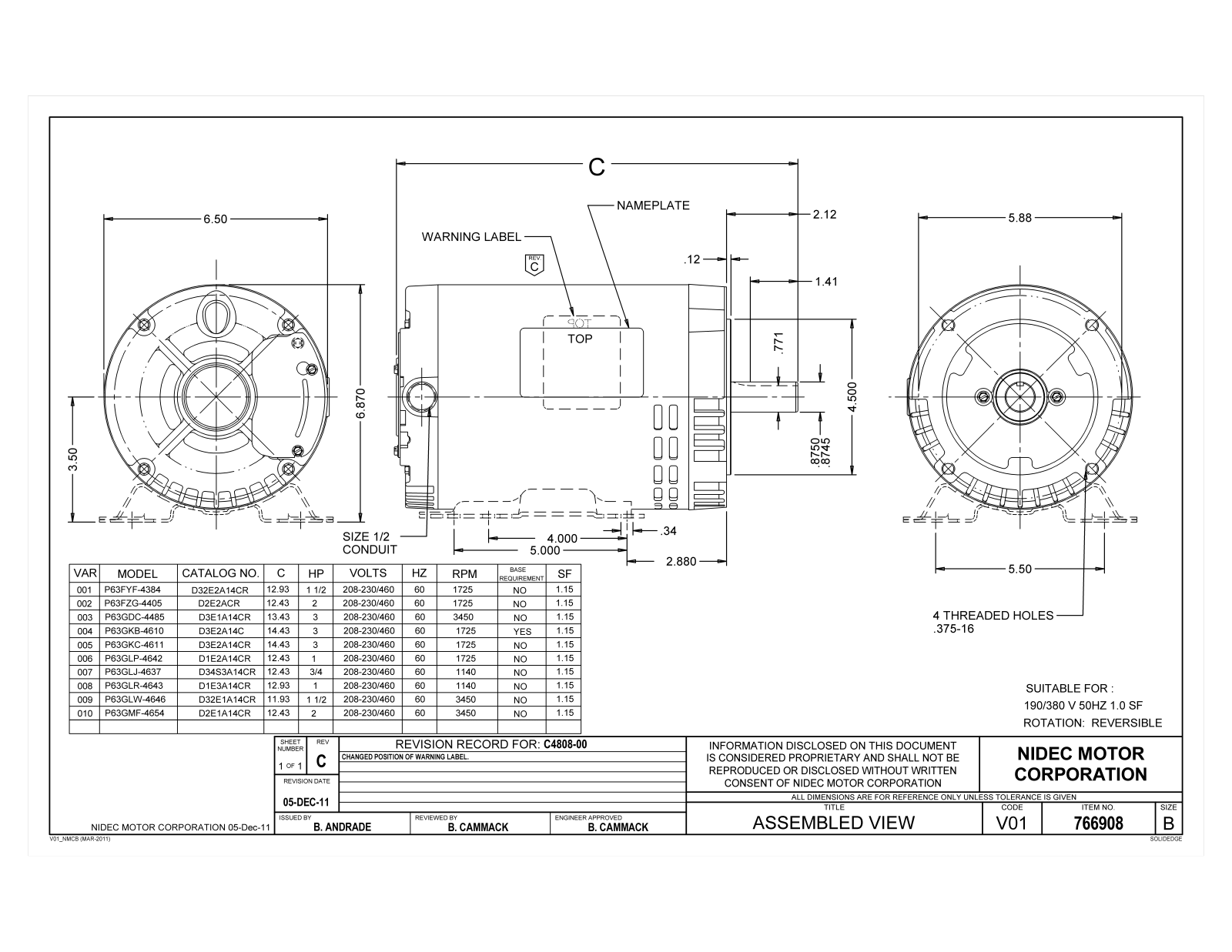 US Motors D32E2A14CR, D2E2ACR, D3E1A14CR, D3E2A14C, D3E2A14CR Dimensional Sheet