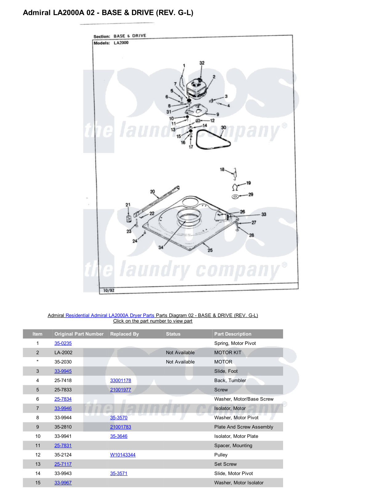 Admiral LA2000A Parts Diagram