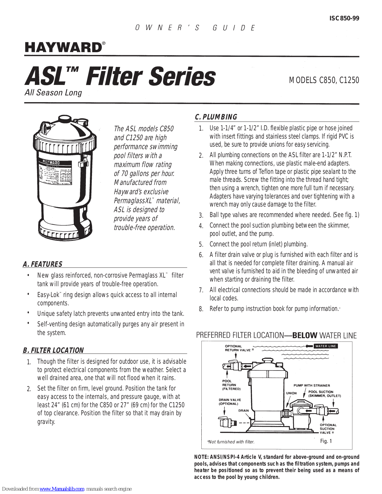 Hayward ASL C1250, ASL C850 Owner's Manual