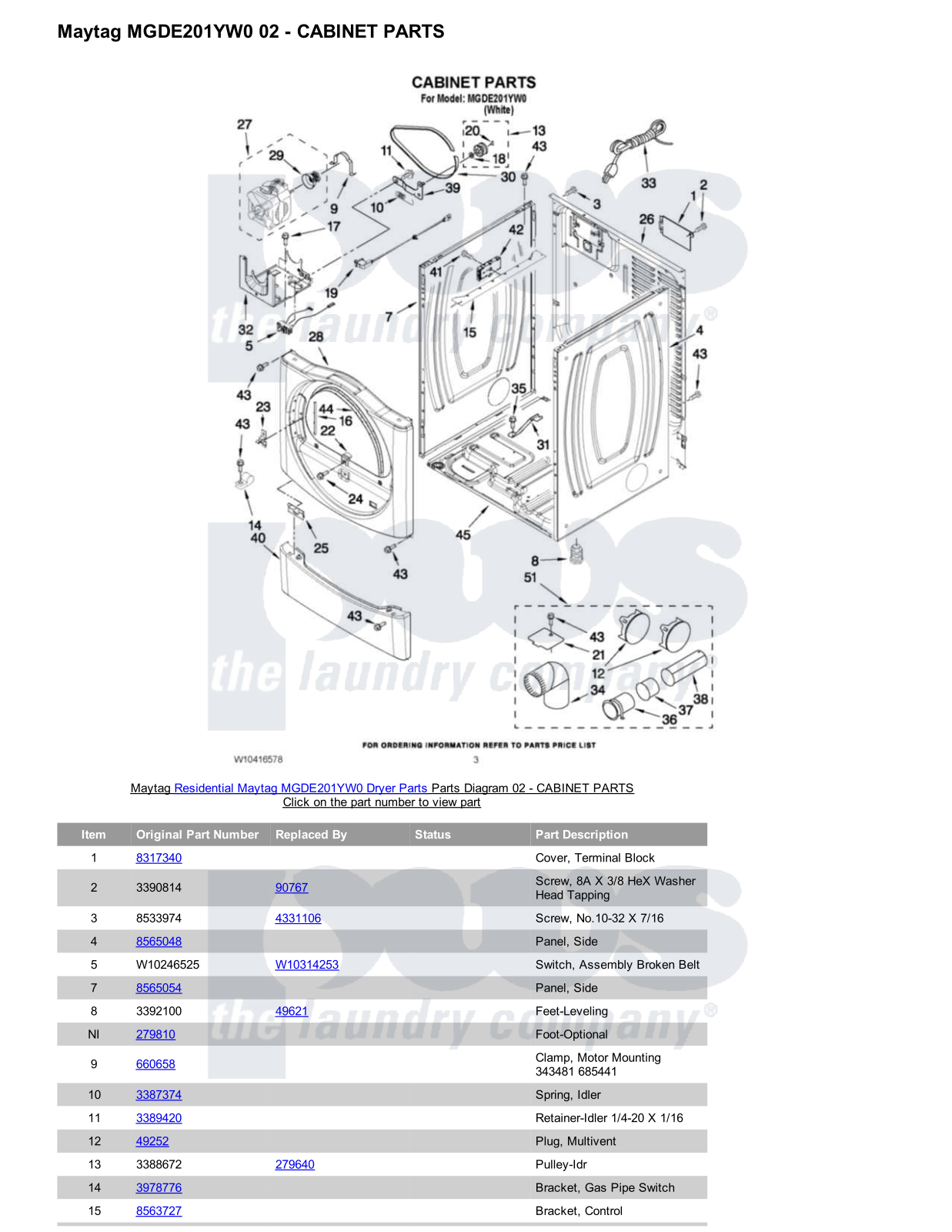 Maytag MGDE201YW0 Parts Diagram