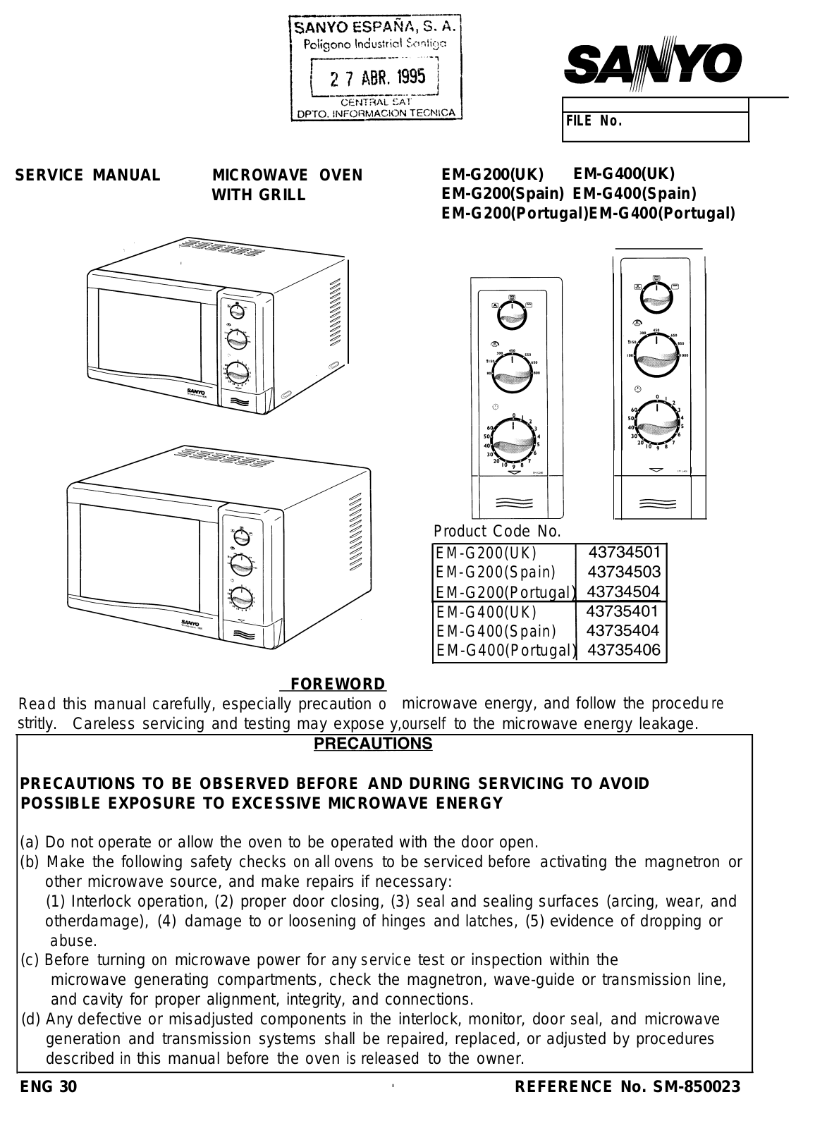 Sanyo EM-G200, EM-G400 Service Manual