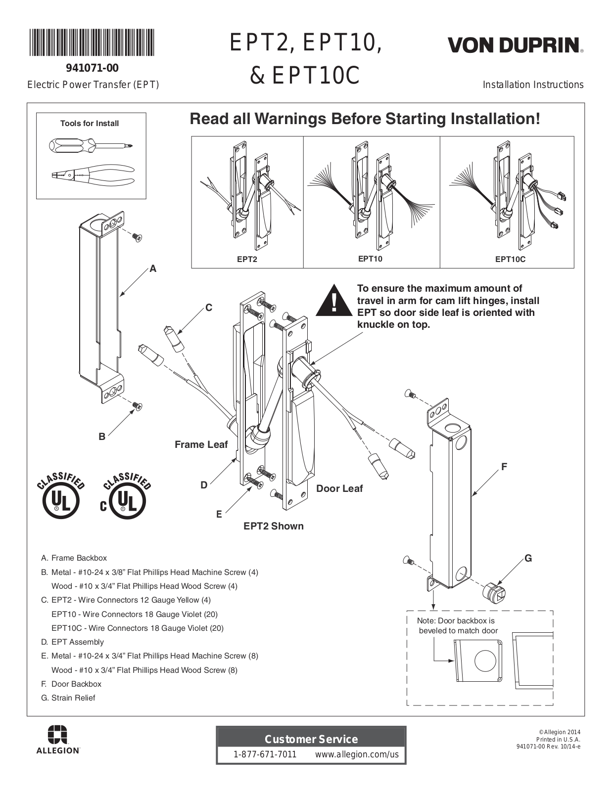 Von Duprin EPT2, EPT10C, EPT10 Installation Instructions Manual