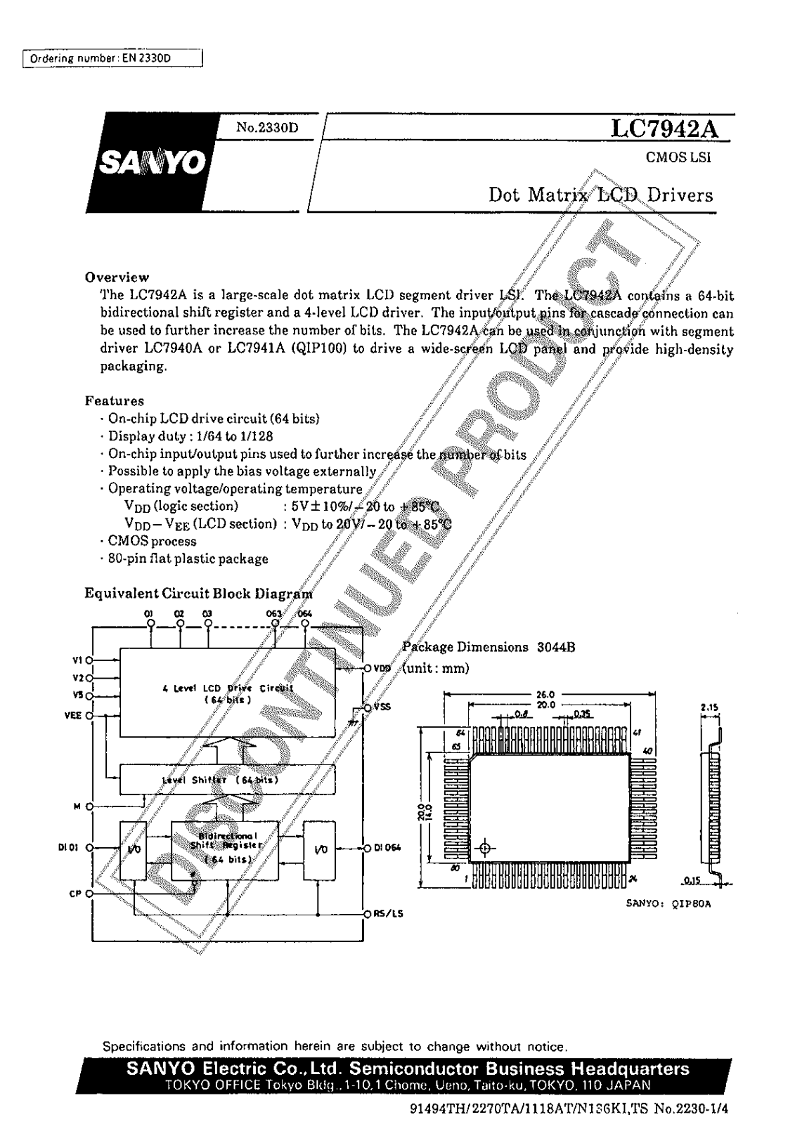 Sanyo LC7942A Specifications