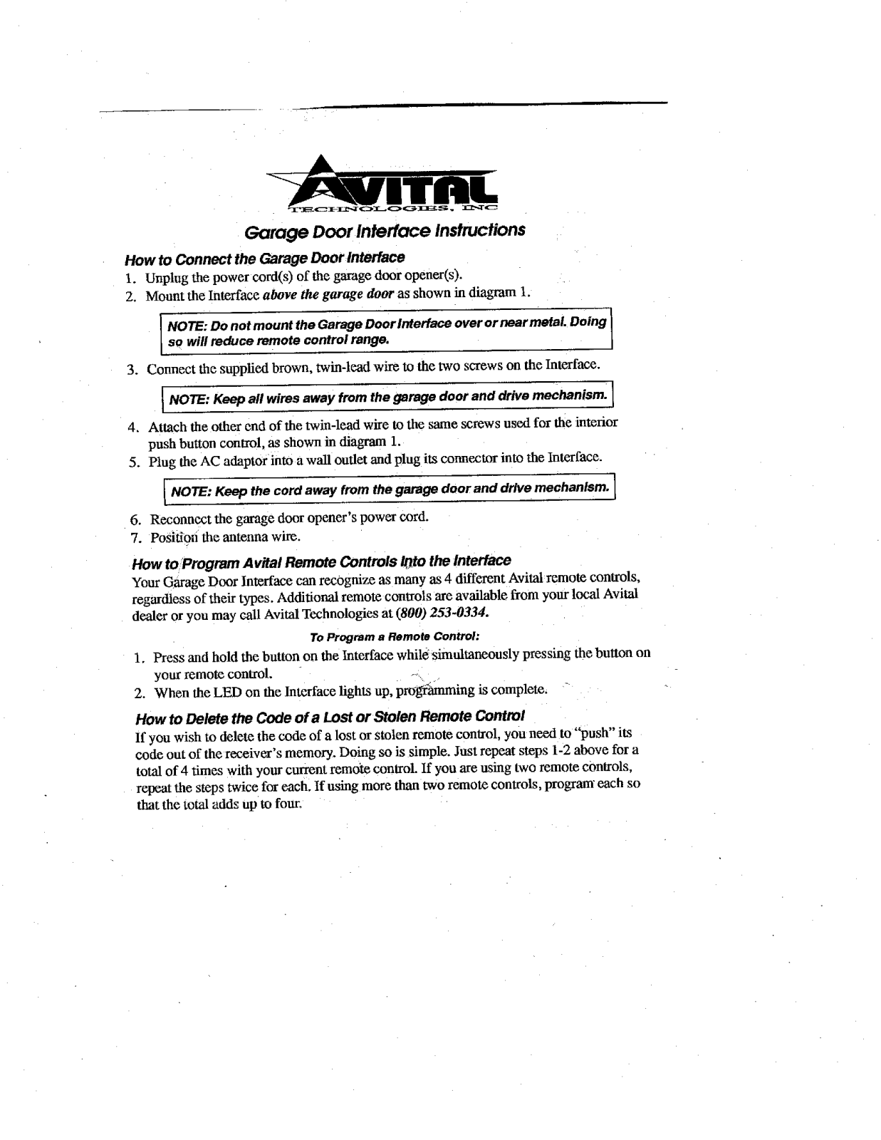 Avital Garage Door Interface 5710 Owner's Manual