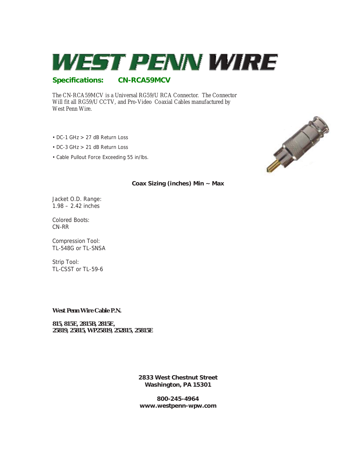 West Penn CN-RCA59MCV Specsheet