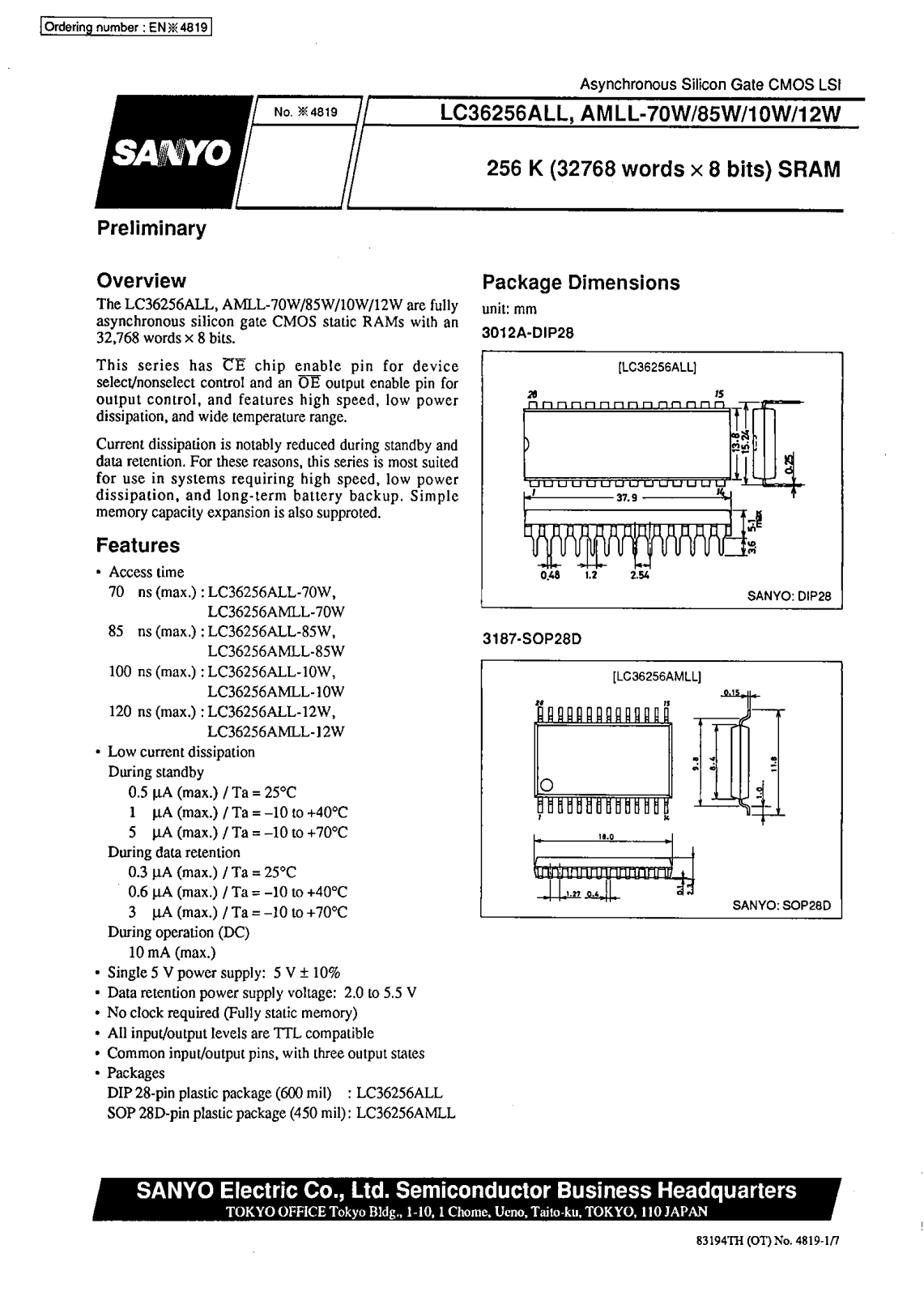 SANYO LC36256AMLL-12W, LC36256AMLL-10W, LC36256ALL-70W, LC36256ALL-12W, LC36256AMLL-85W Datasheet