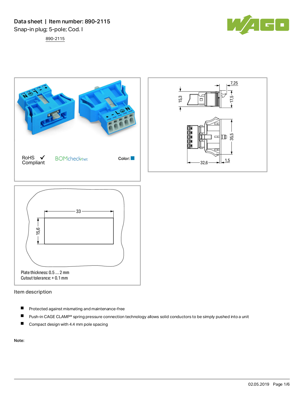 Wago 890-2115 Data Sheet