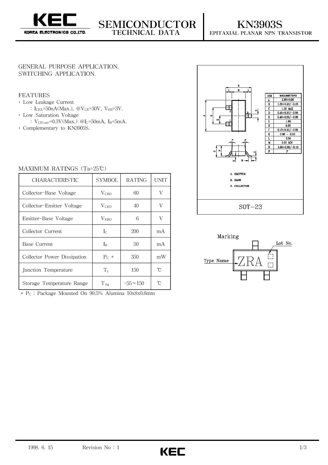 KEC KN3903S Datasheet