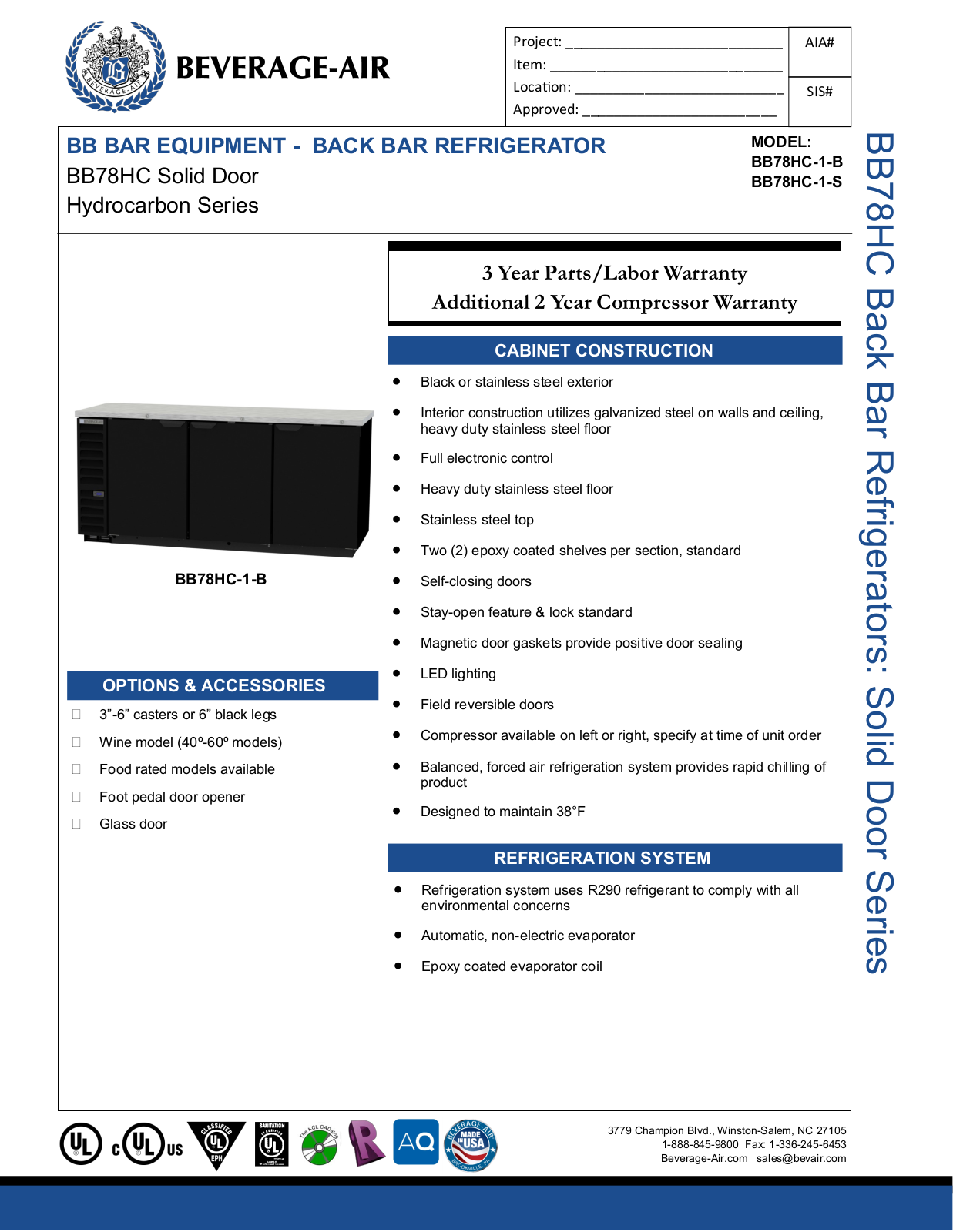 Beverage-Air BB78HC1FS, BB78HC1S, BB78HC1FB, BB78HC1B Specifications