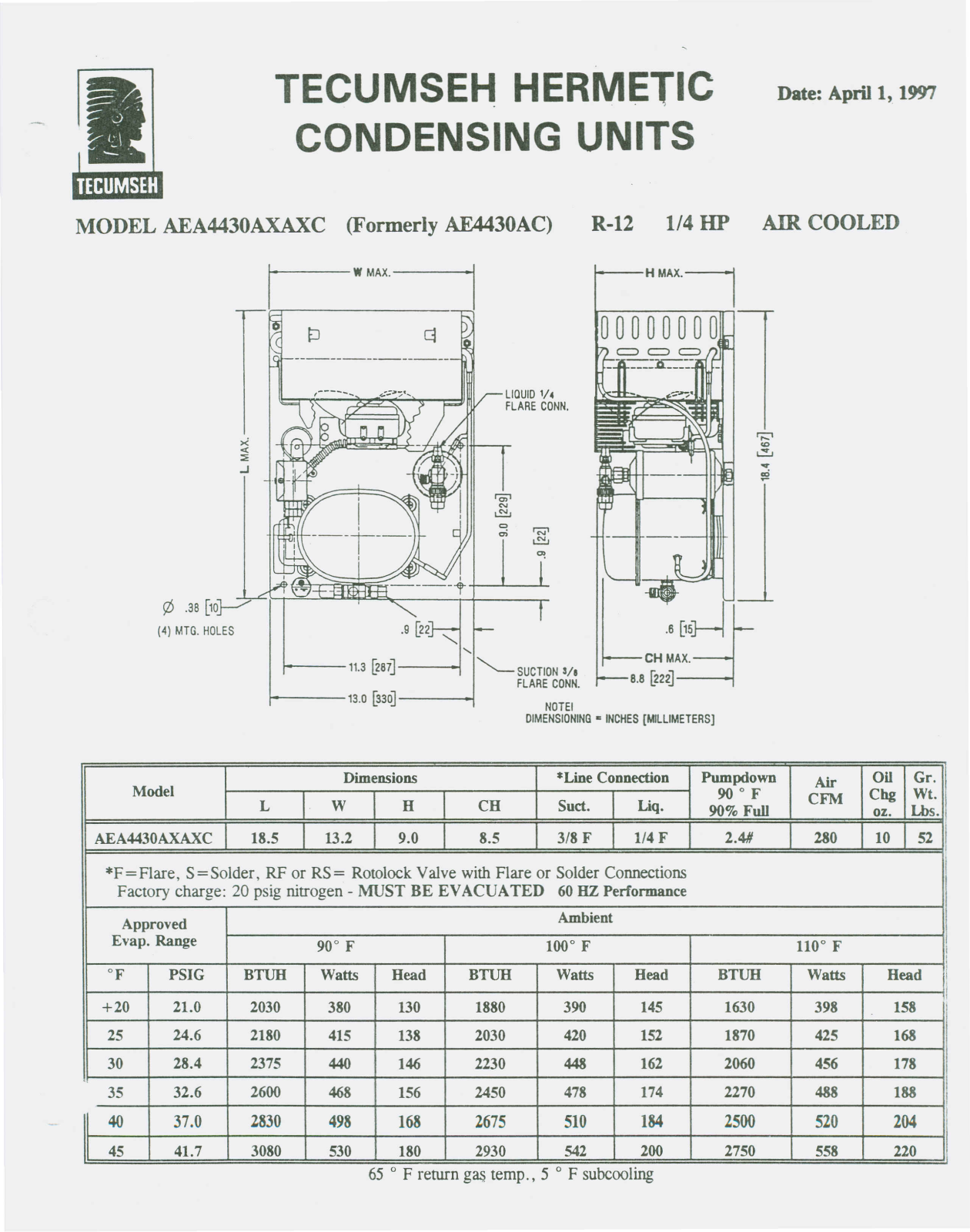 Tecumseh AEA4430AXAXC Performance Data Sheet