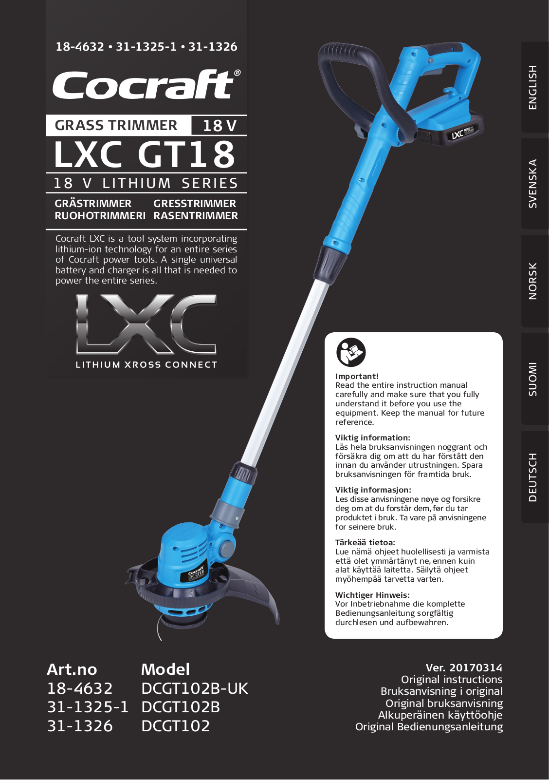 Cocraft LXC GT18, DCGT102B-UK, DCGT102, DCGT102B Original Instructions Manual