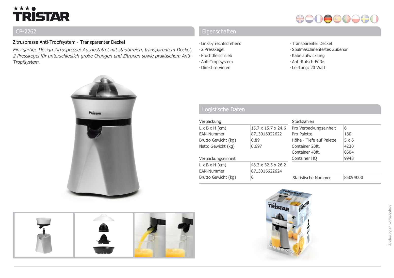 Tristar CP-2262 Technical data