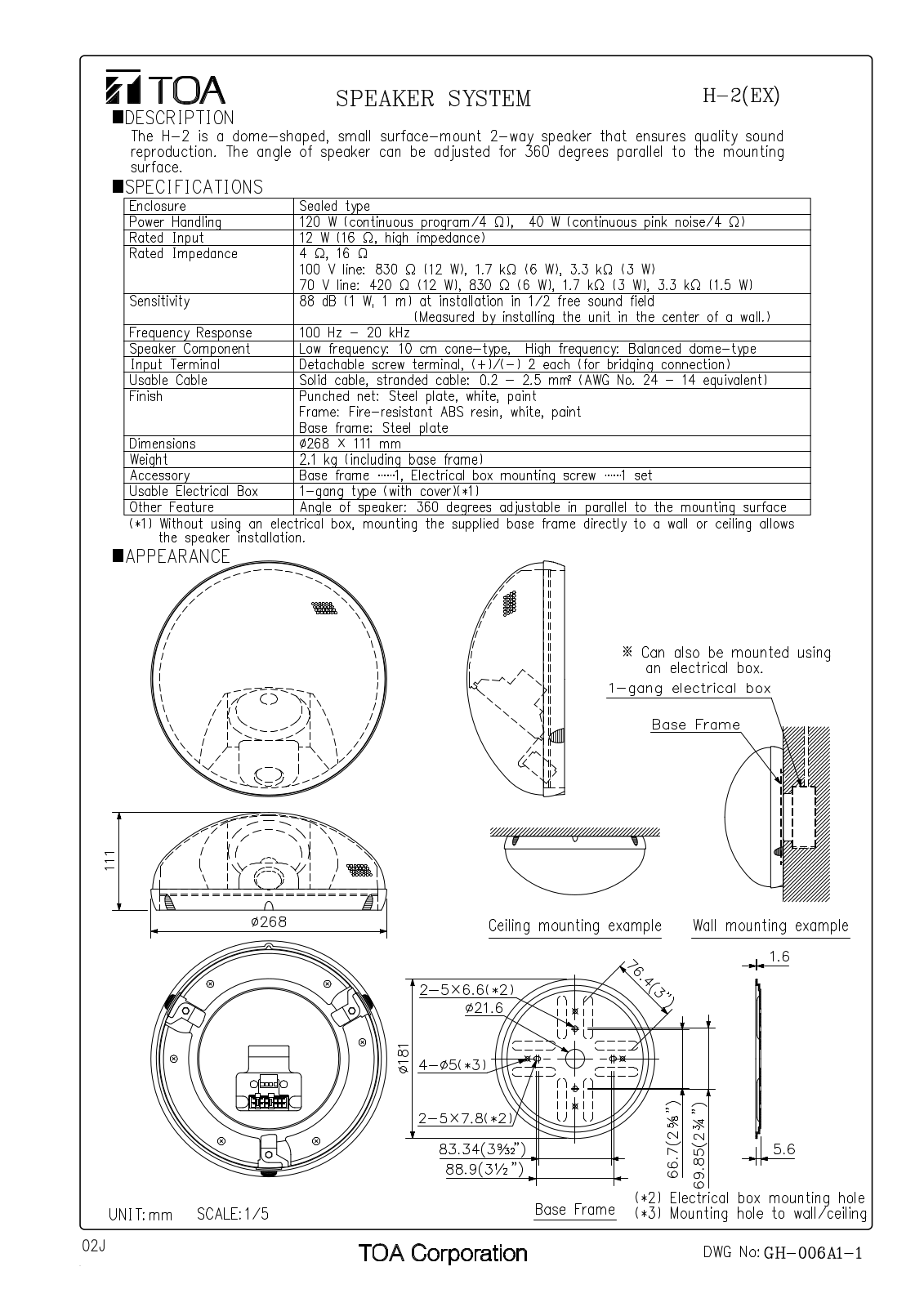 TOA H-2WP EX, H-2 EX User Manual