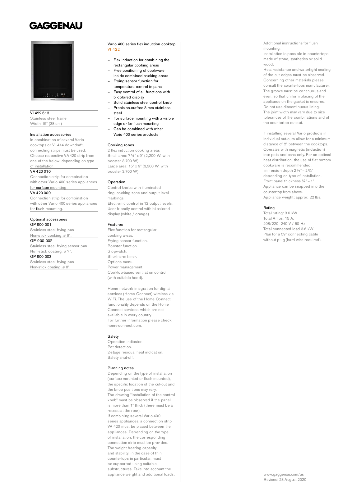 Gaggenau VI422613 Specification Sheet