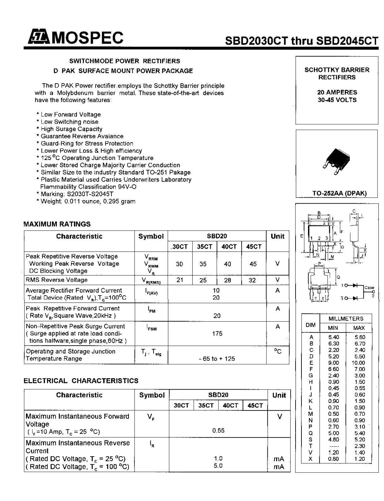 MOSPEC SBD2030CT, SBD2035CT, SBD2040CT, SBD2045CT Datasheet