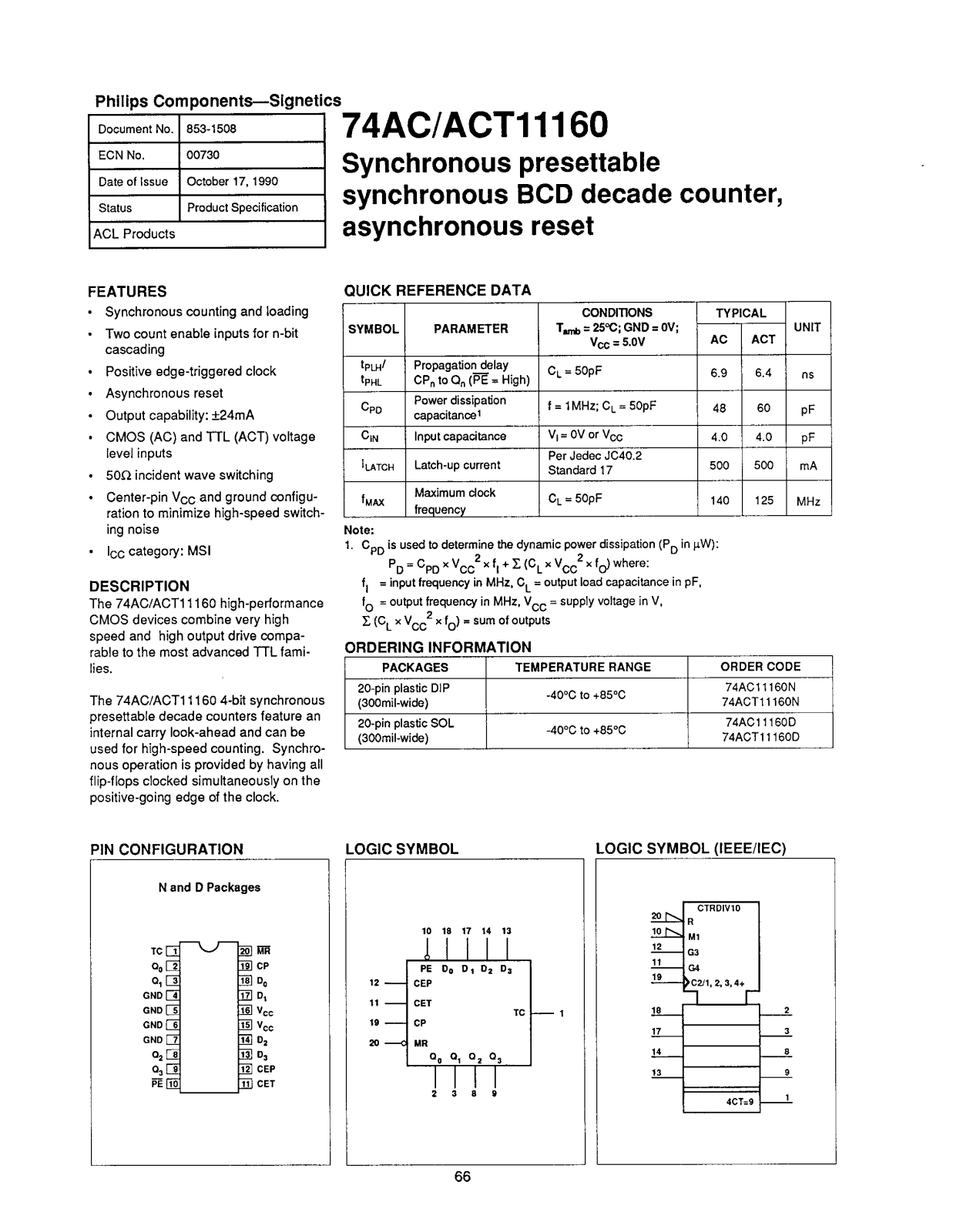 Philips 74ACT11160N, 74ACT11160D, 74AC11160N, 74AC11160D Datasheet