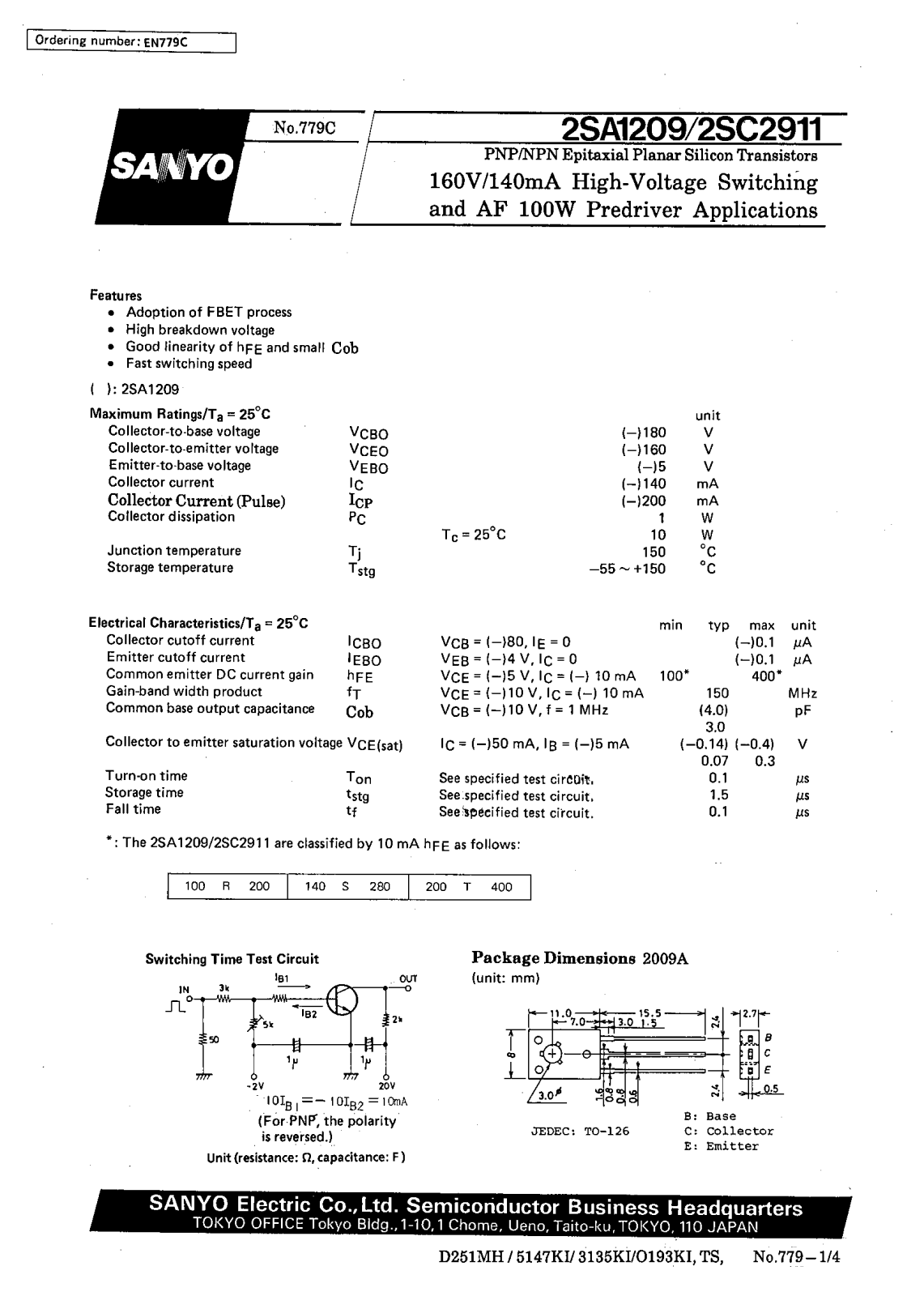 SANYO 2SC2911, 2SA1209 Datasheet