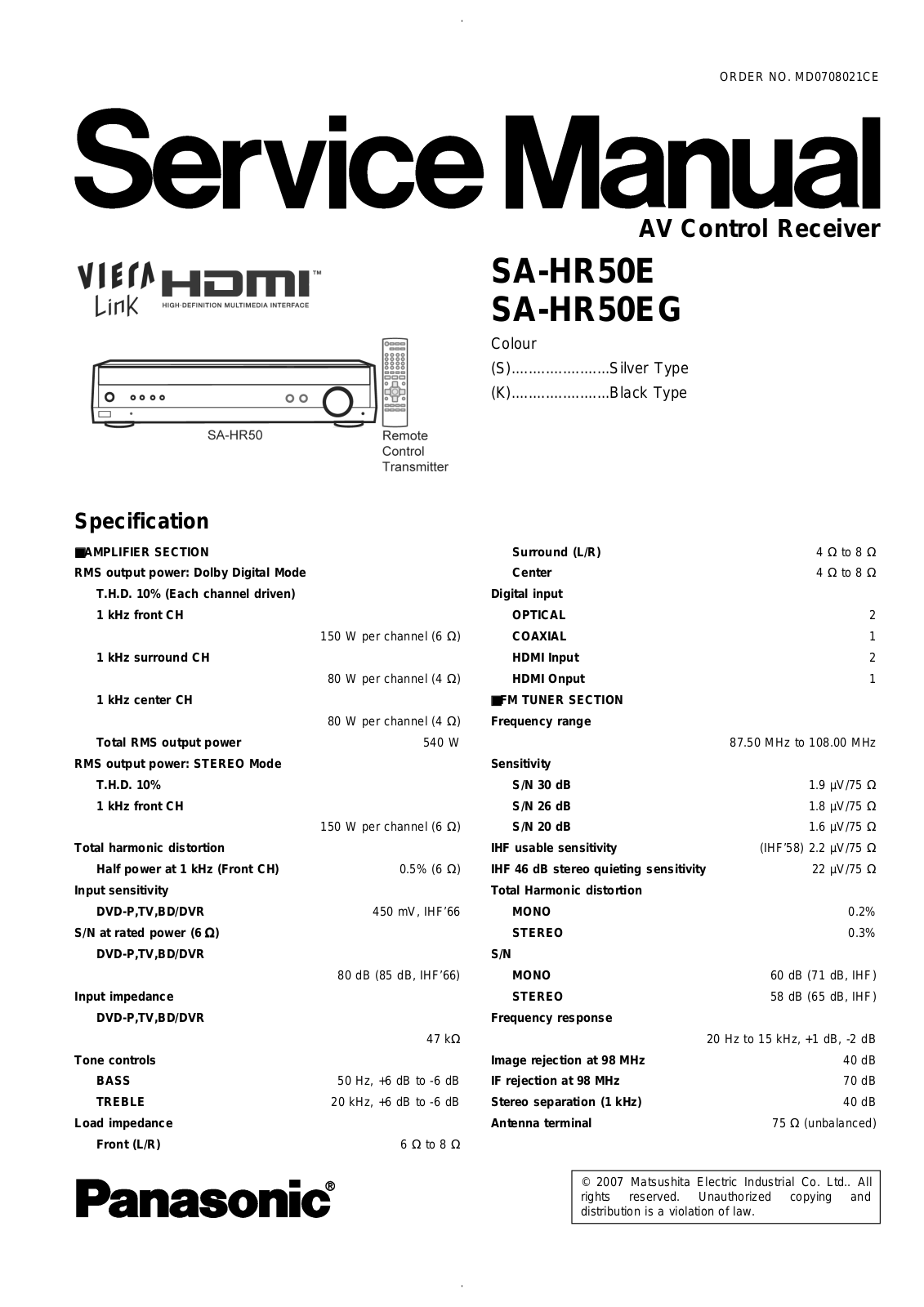 Panasonic SAHR-50-E, SAHR-50-EG Service manual