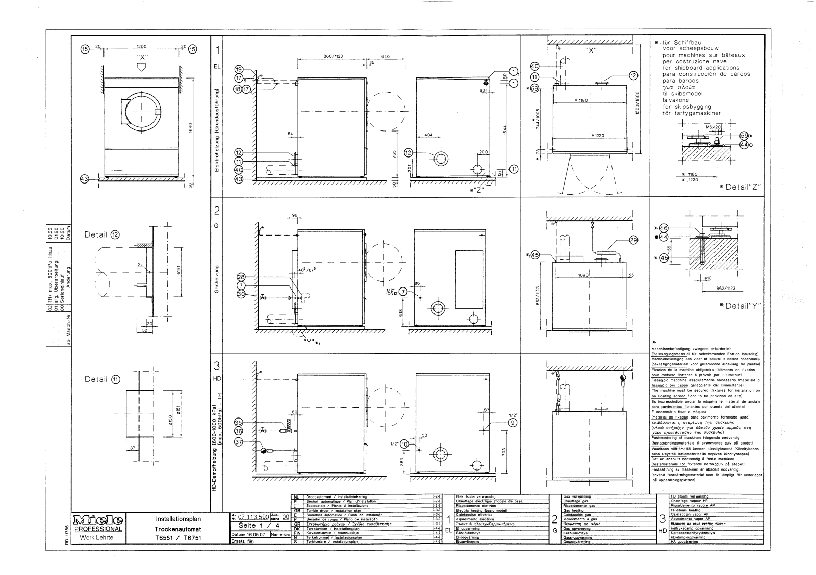 Miele T6551, T6751 Installation diagram