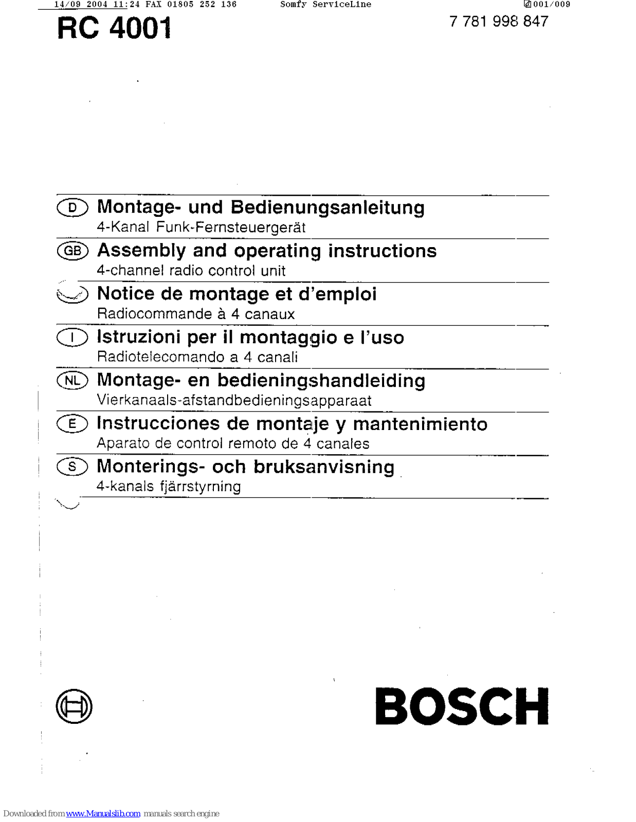 Bosch RC 4001 Montage Und Bedienungsanleitung Manual