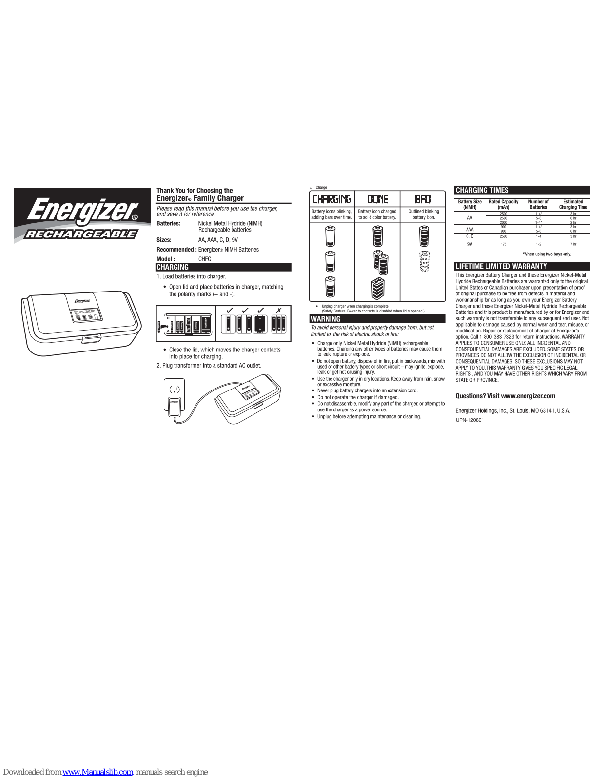 Energizer Family Charger CHFC, CHFC Quick Manual