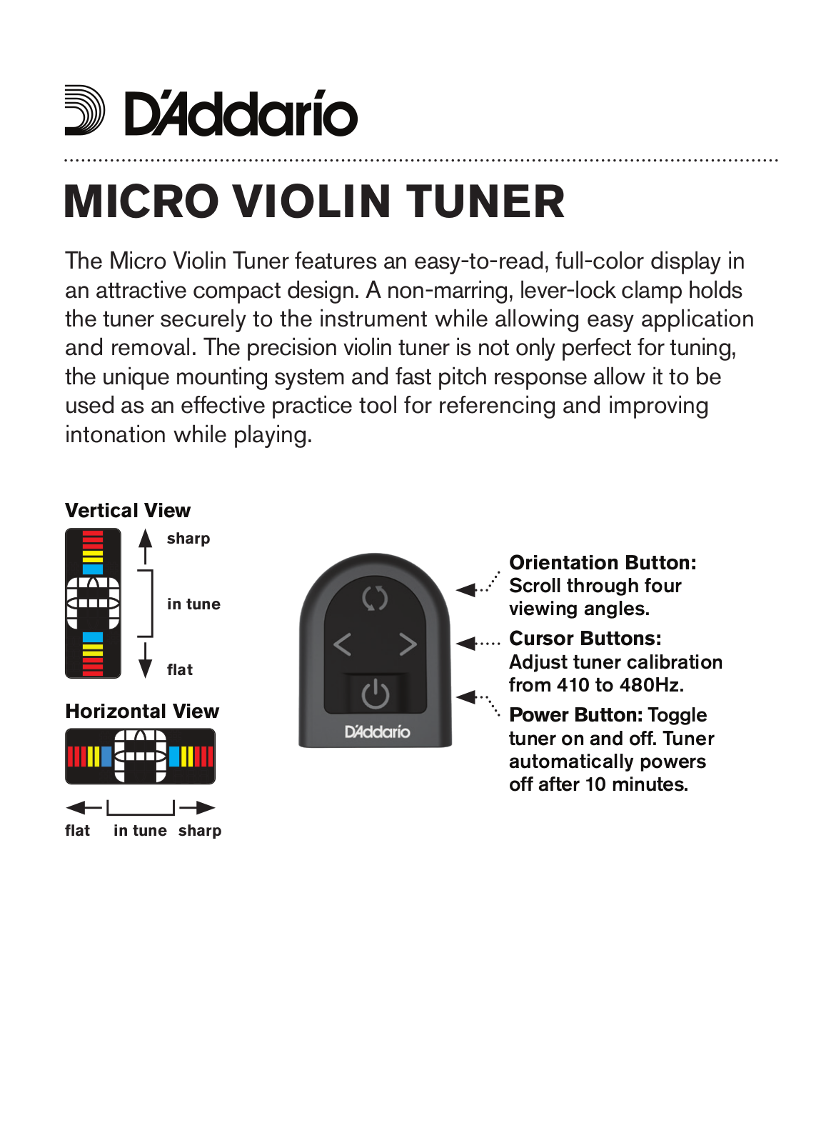 D'Addario PW-CT-14 Micro Violin Tuner User manual