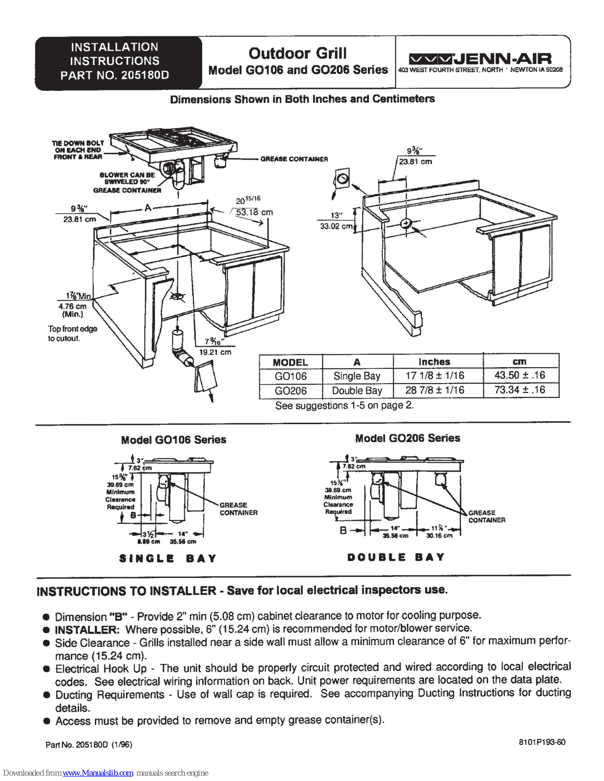 Jenn-Air GO106 Series, GO206 Series Installation Instructions Manual