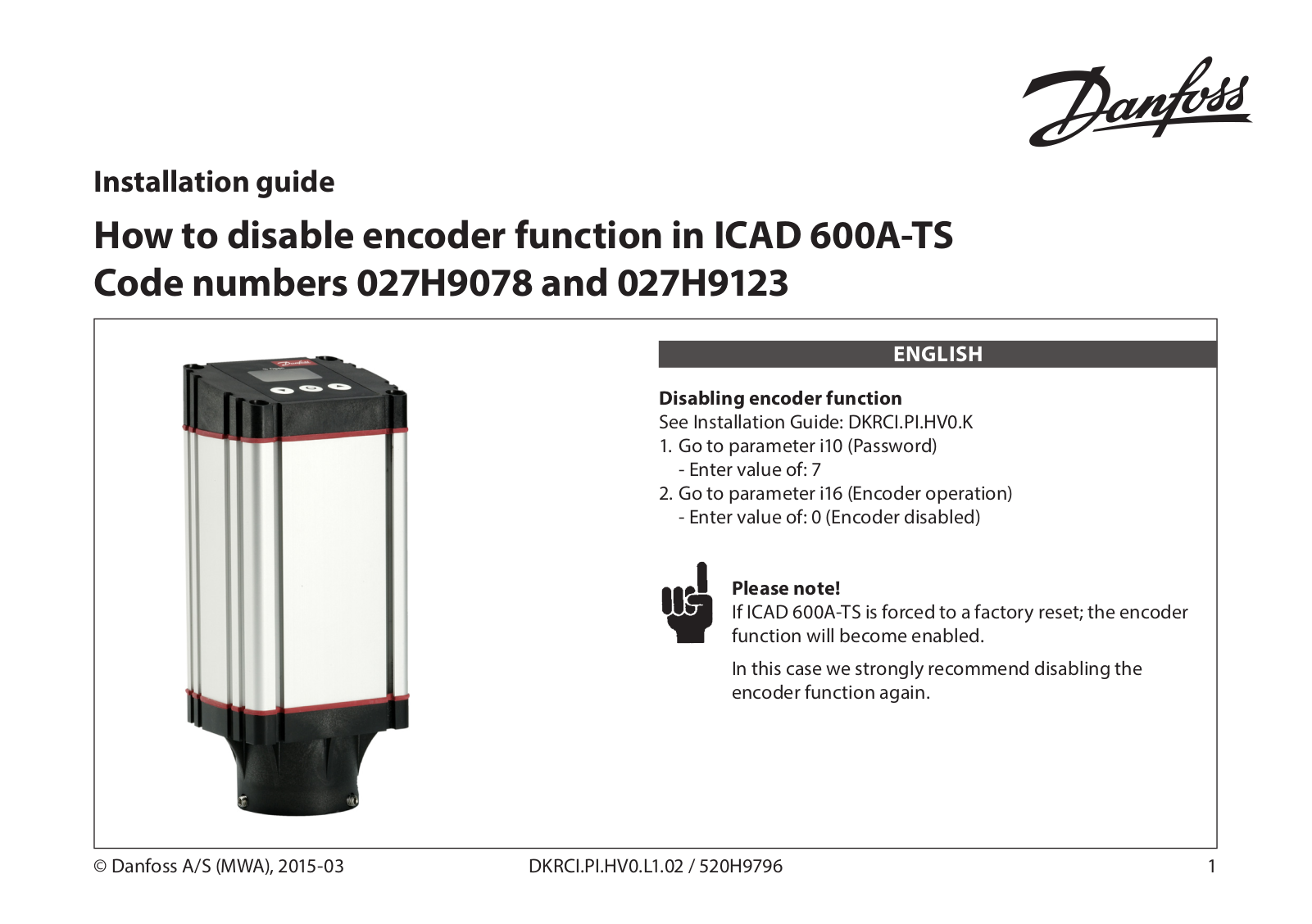 Danfoss ICAD 600A-TS Installation guide