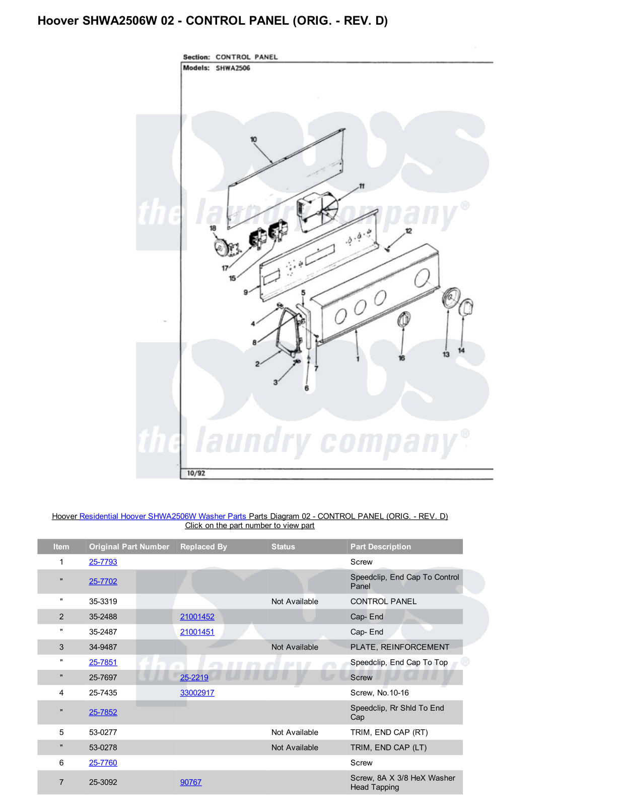 Hoover SHWA2506W Parts Diagram