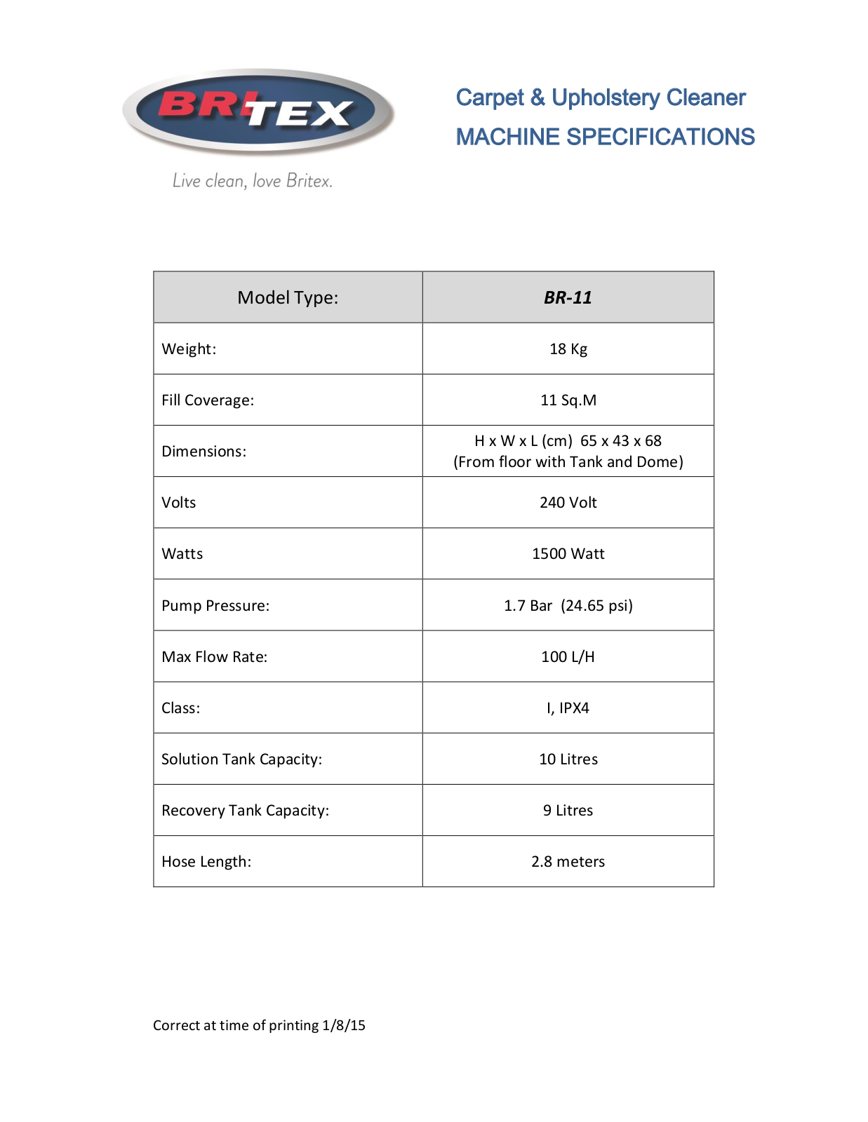 Britex BR-11 Specifications Sheet - ManualMachine.com