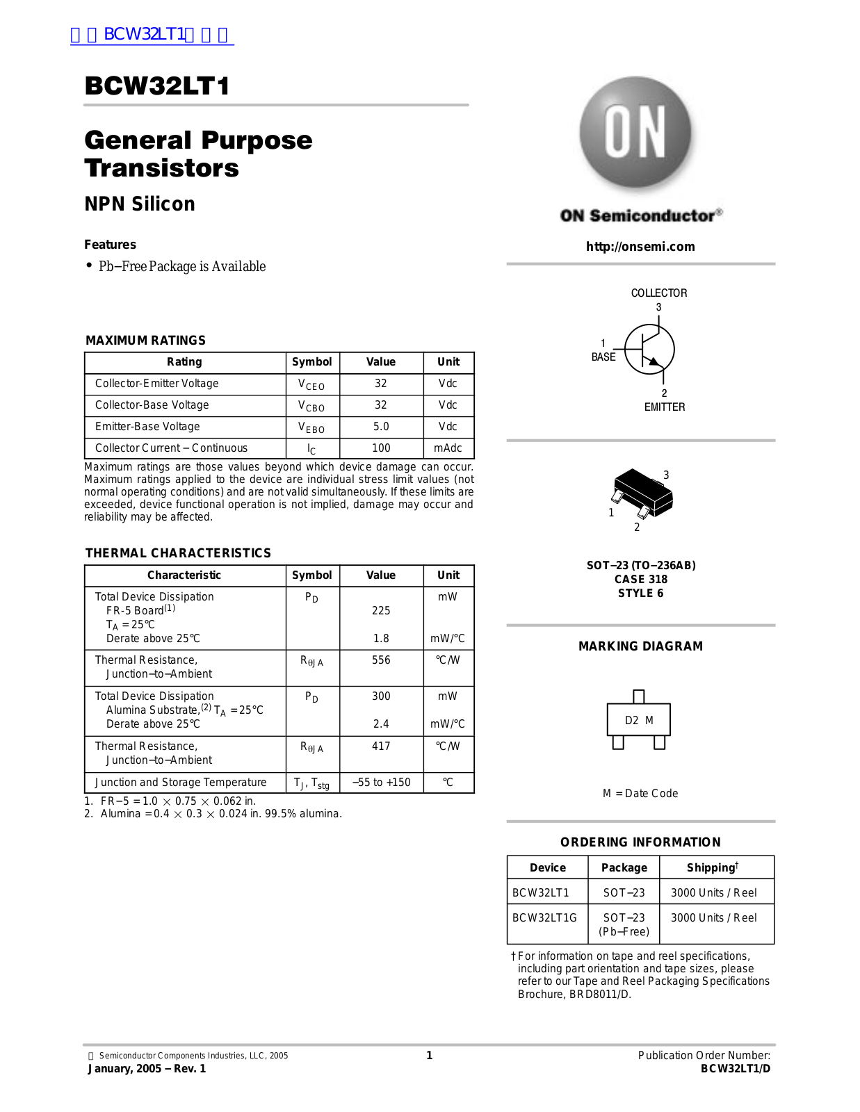 ON Semiconductor BCW32LT1 Technical data