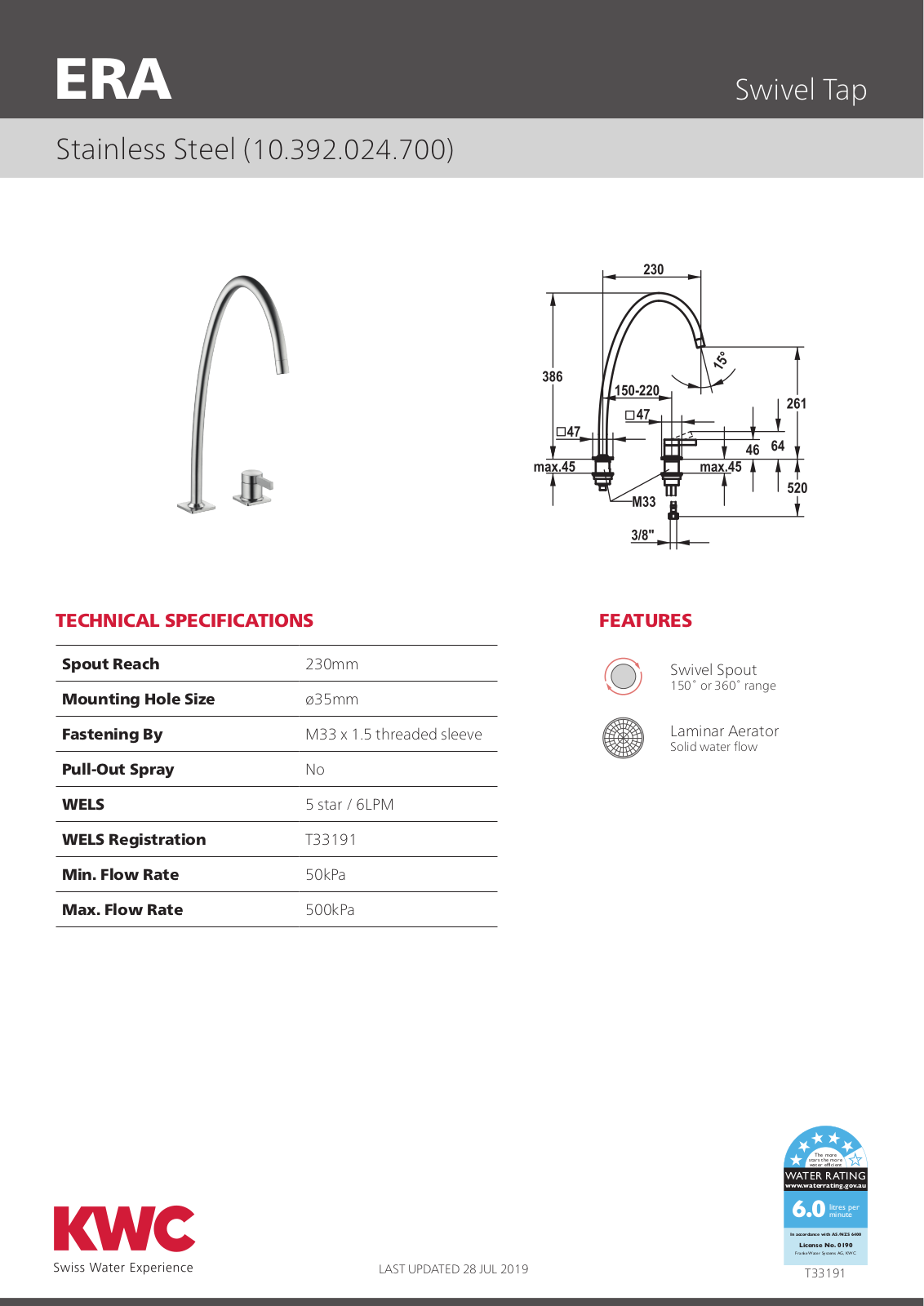 KWC 10392024700 Specifications Sheet