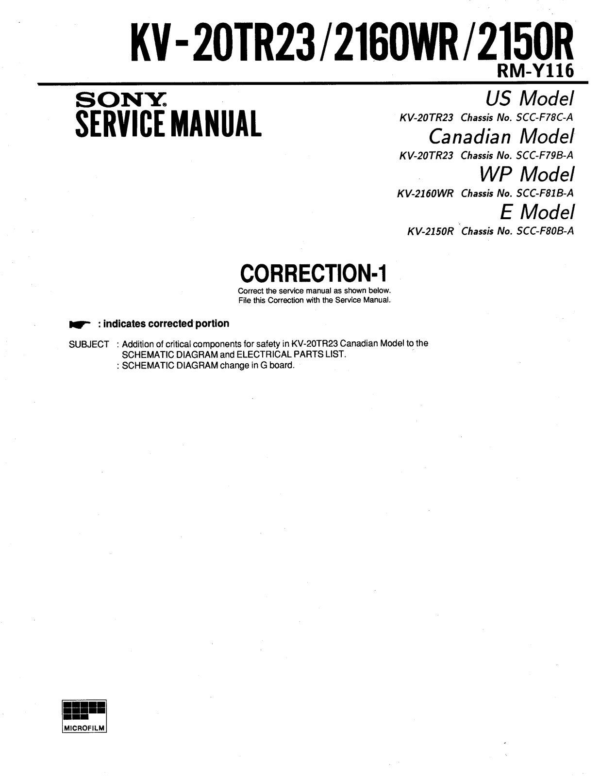 SONY KV-20TR23, KV-2160WR, KV-2150R SERVICE MANUAL cor1