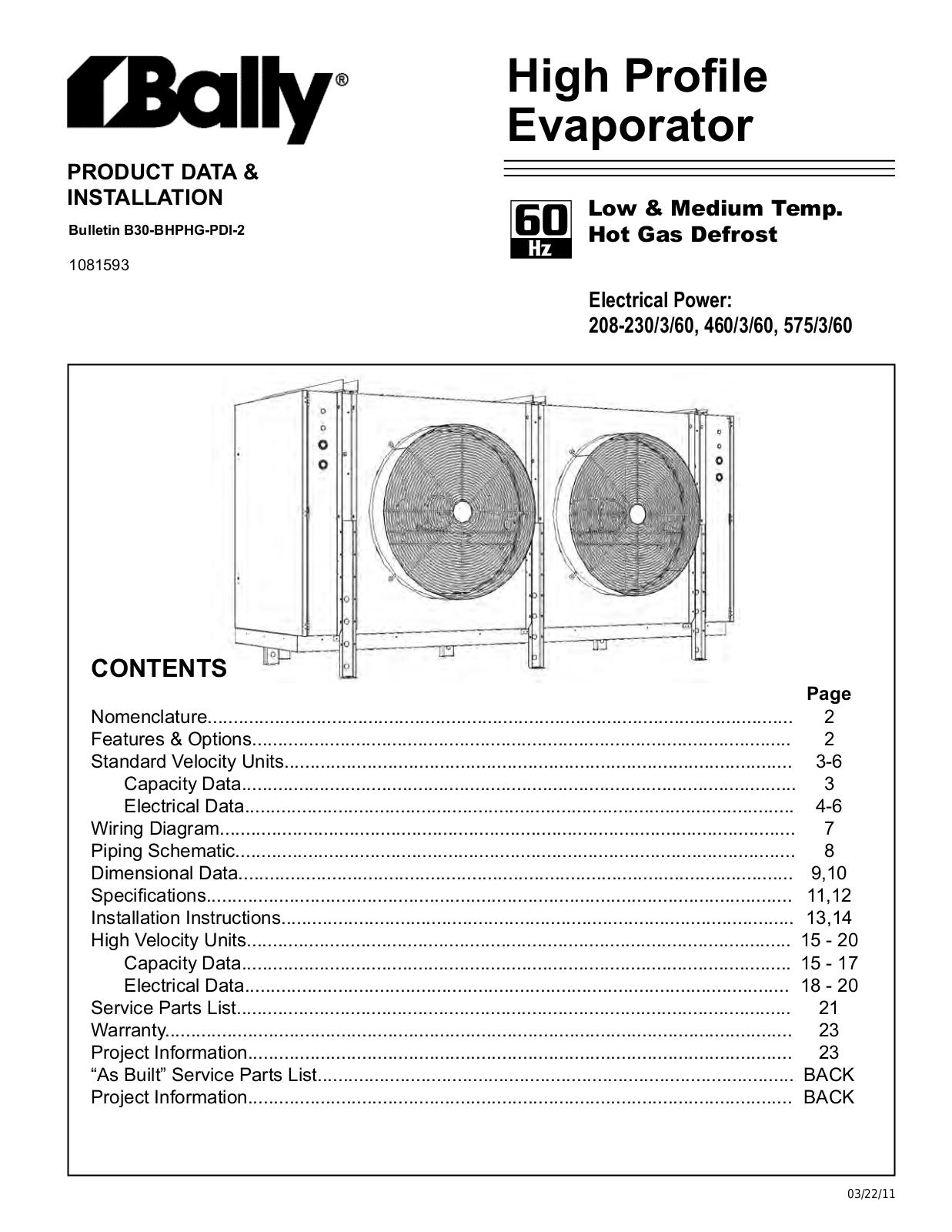 Bally Refrigerated Boxes, Inc. BHP055VG-T3A Installation Manual