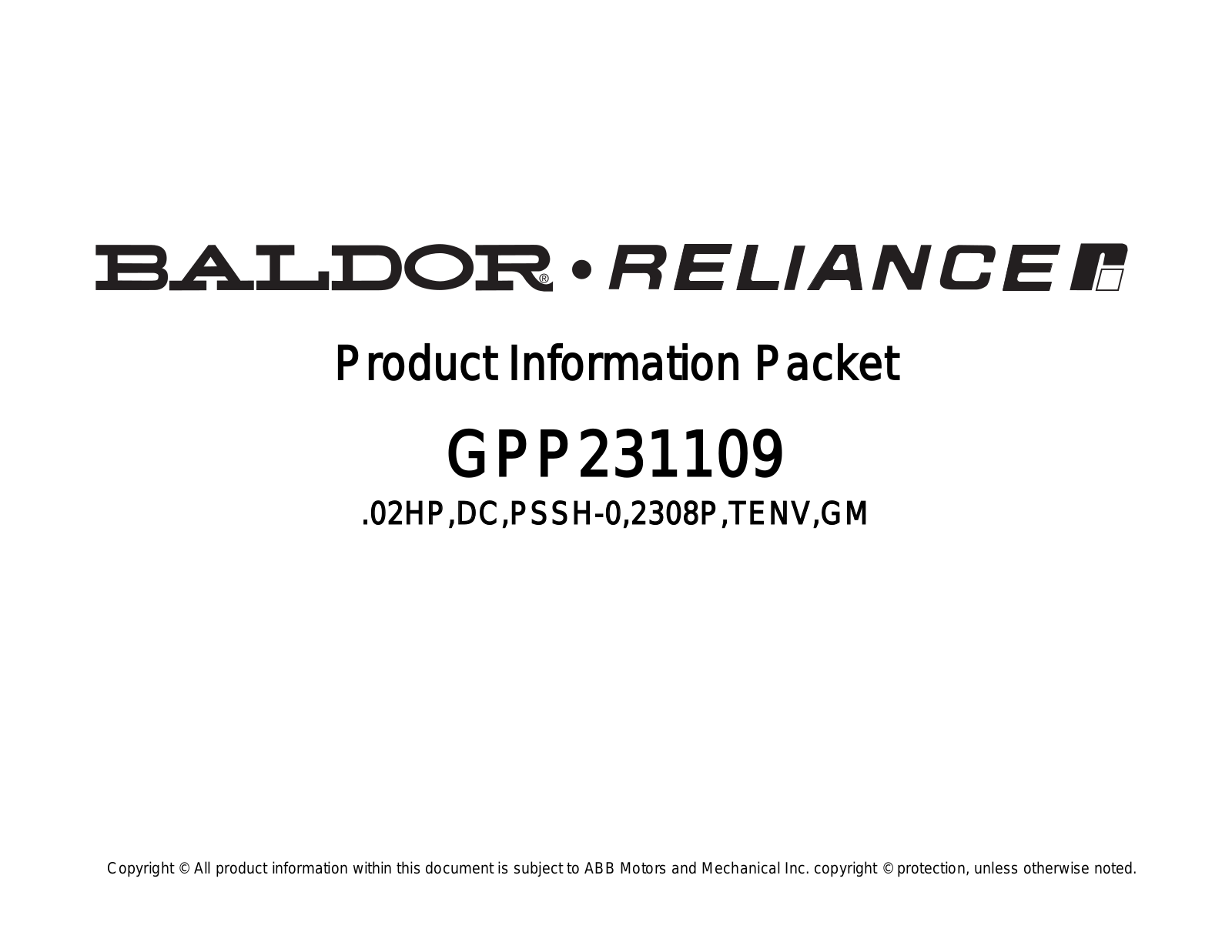 Baldor GPP231109 Product Information Sheet