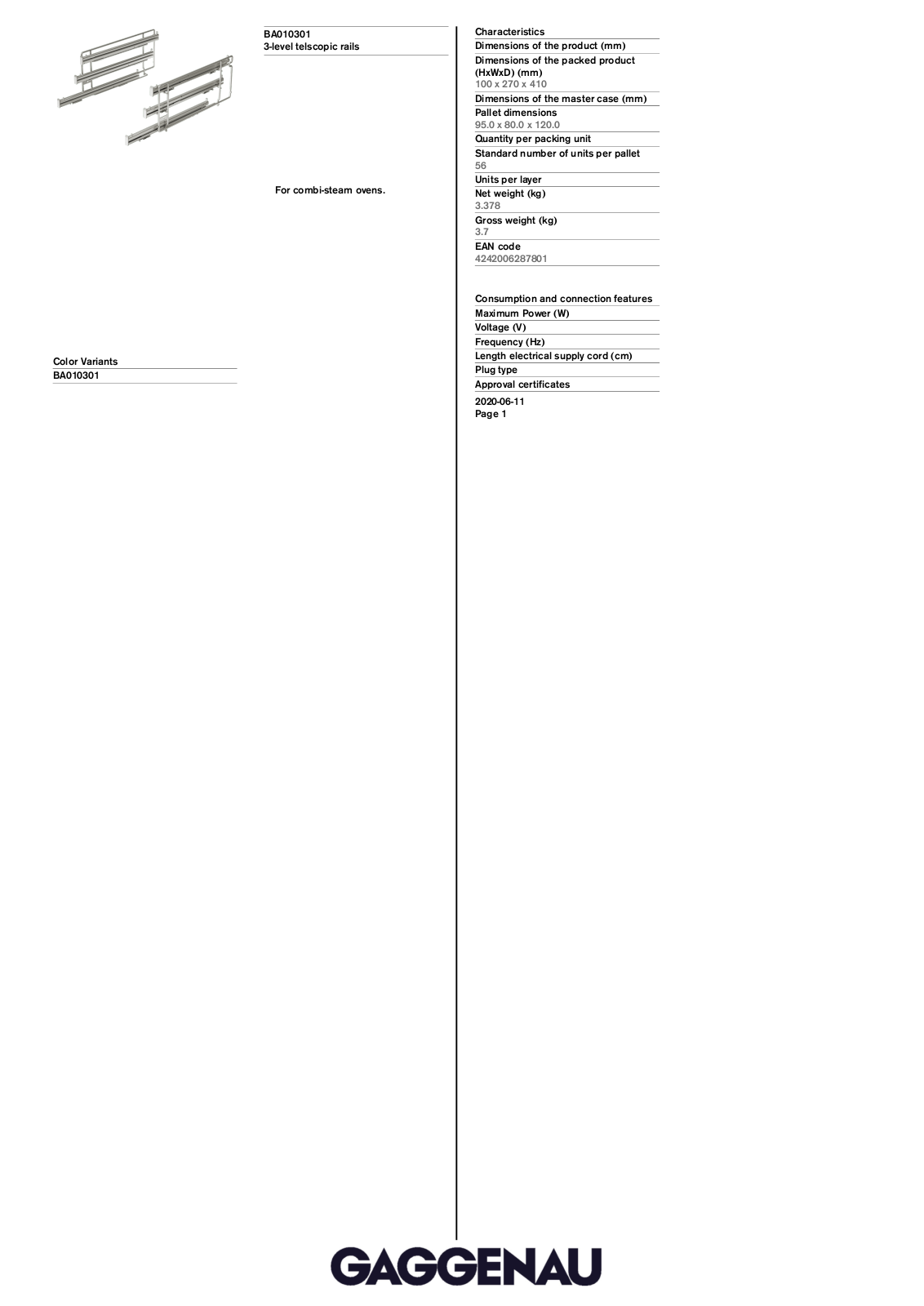 Gaggenau BA010301 Specification Sheet