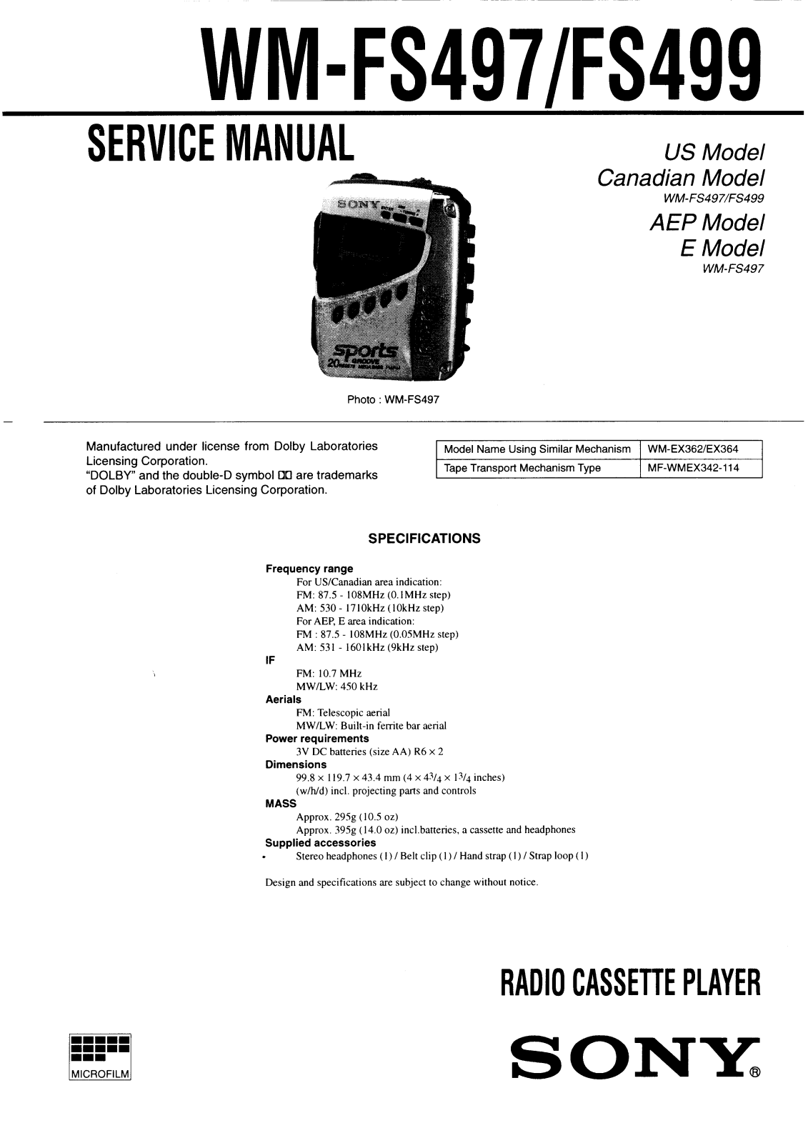 Sony WM-FS497, WM-FS499 Service manual