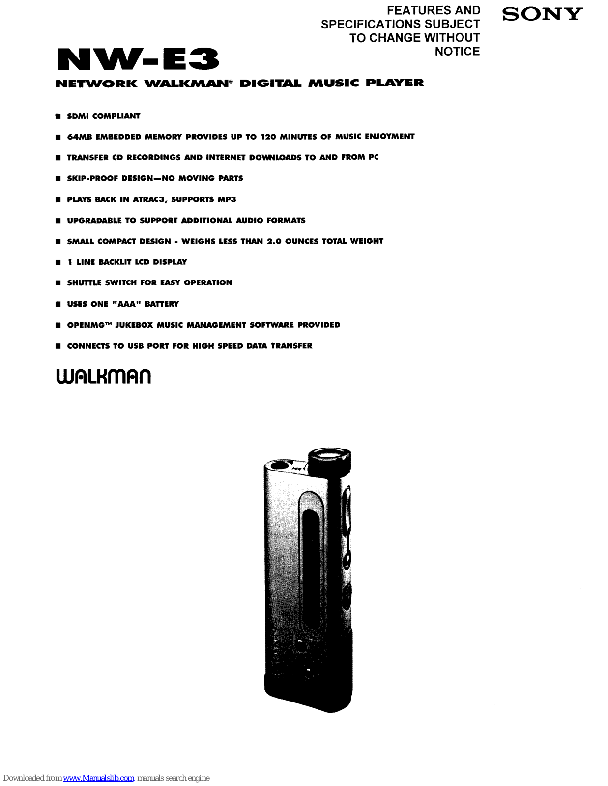 Sony Walkman NW-E3 Specifications