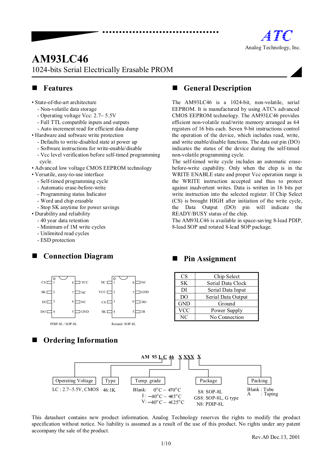 ATC AM93LC46IS8A, AM93LC46IS8, AM93LC46IN8A, AM93LC46IN8, AM93LC46IGS8A Datasheet