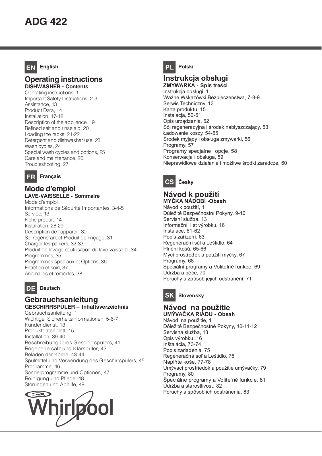 Whirlpool ADG 422 IX Operating Instructions