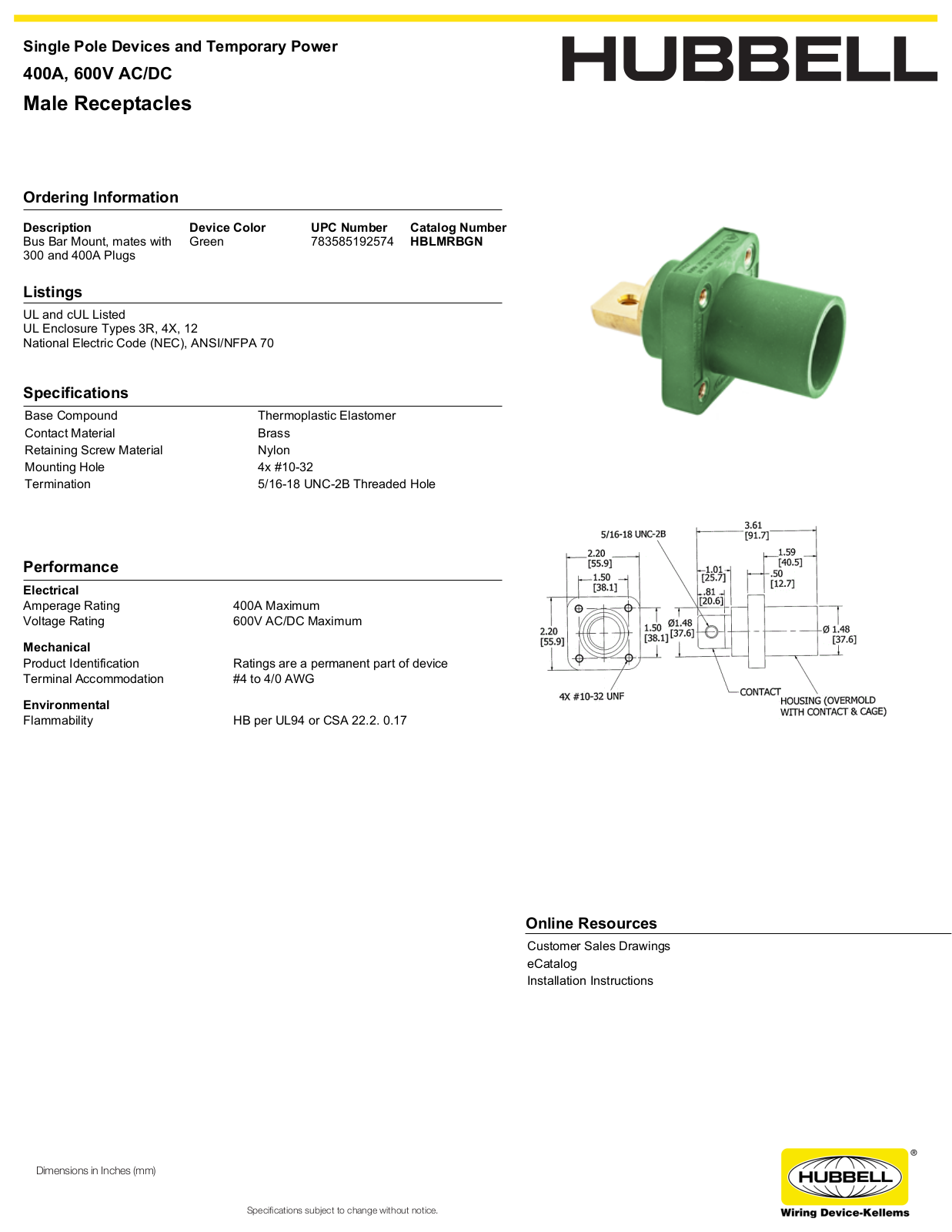 Hubbell HBLMRBGN Specifications - ManualMachine.com