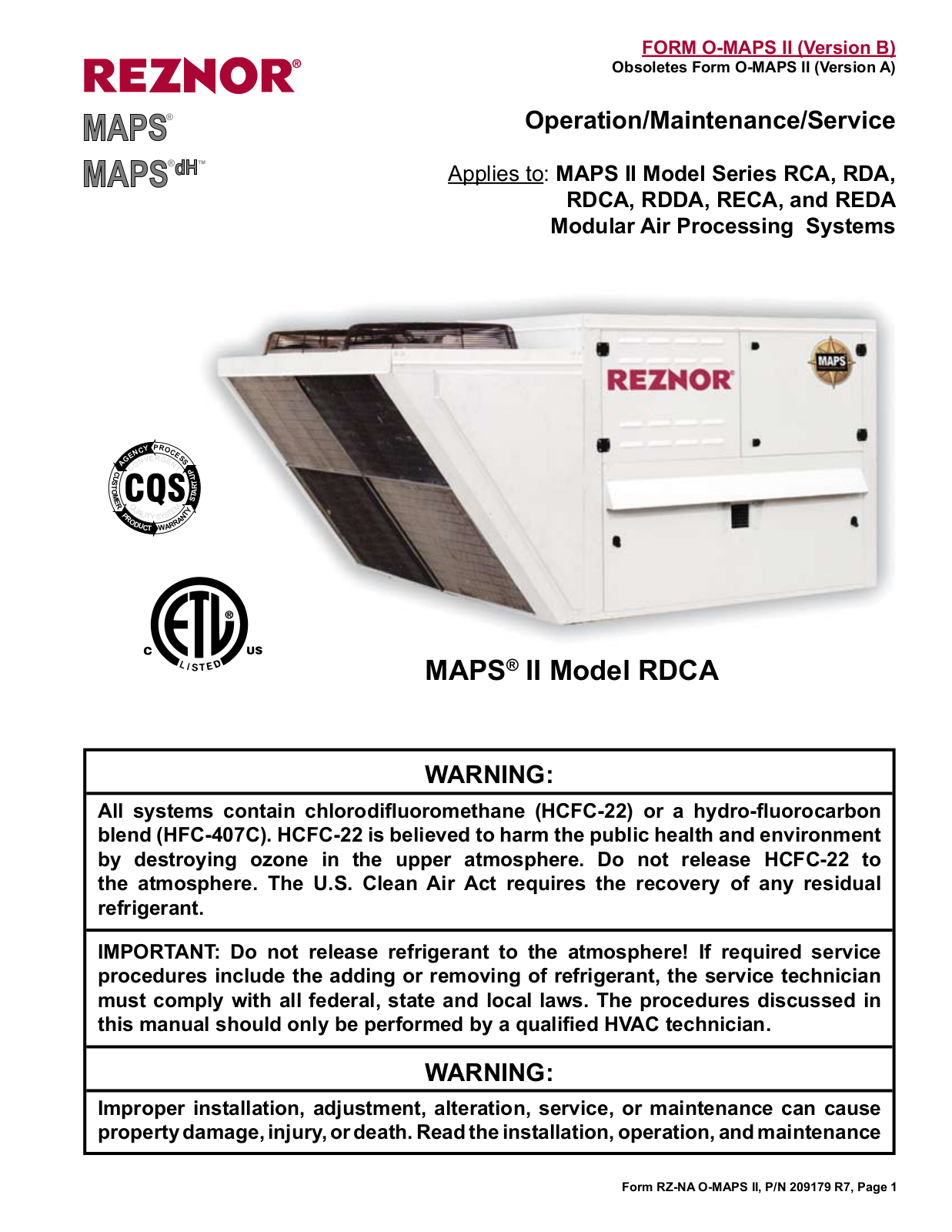 Reznor RCA-025 Service Manual