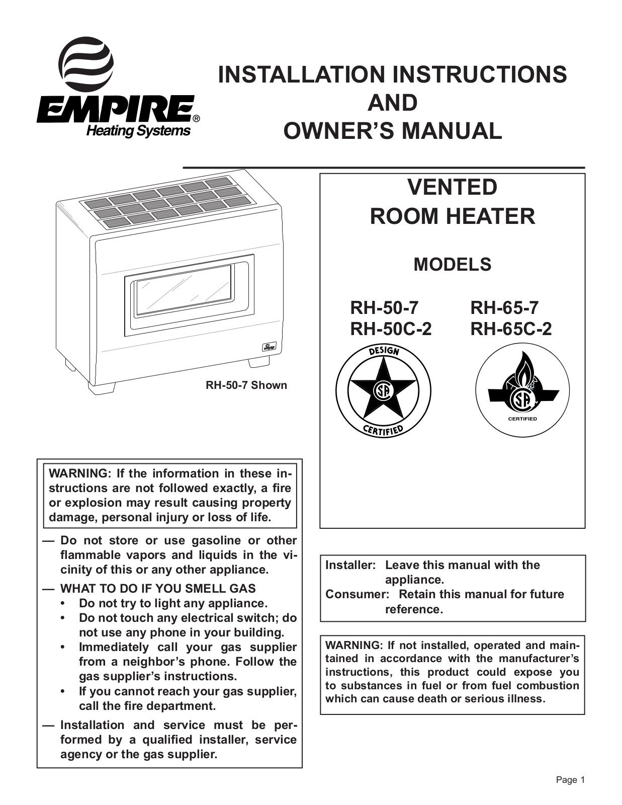 Empire RH-50-7, RH-65-7, RH-50C-2, RH-65C-2 User Manual