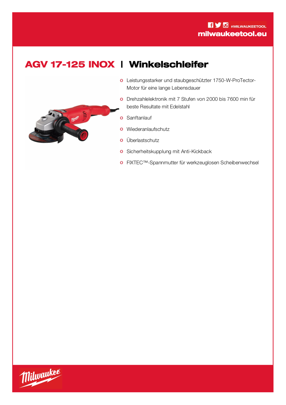 Milwaukee AGV 17-125 INOX User Manual